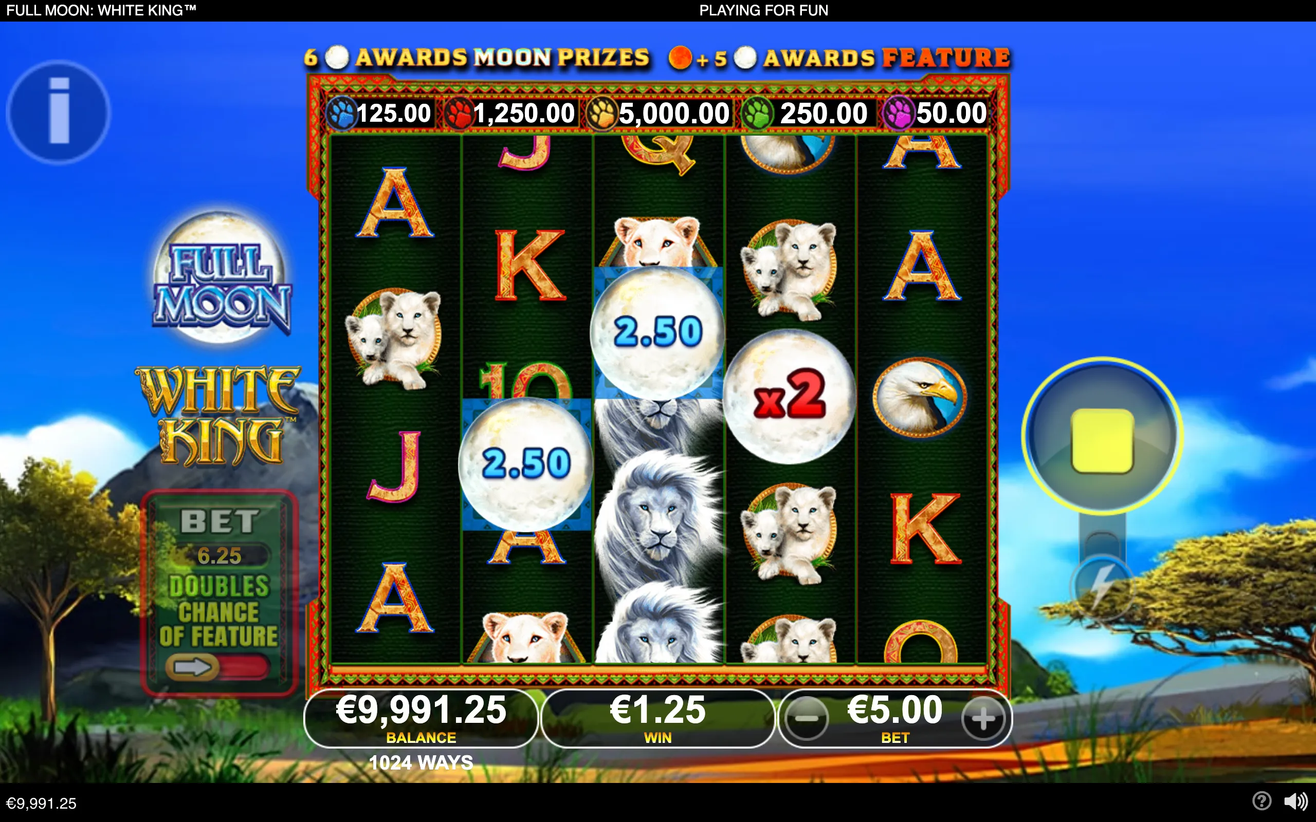 Full Moon: White King slot reels featuring white lions, lion cubs, an eagle, moon prize symbols, and a scenic African landscape backdrop.