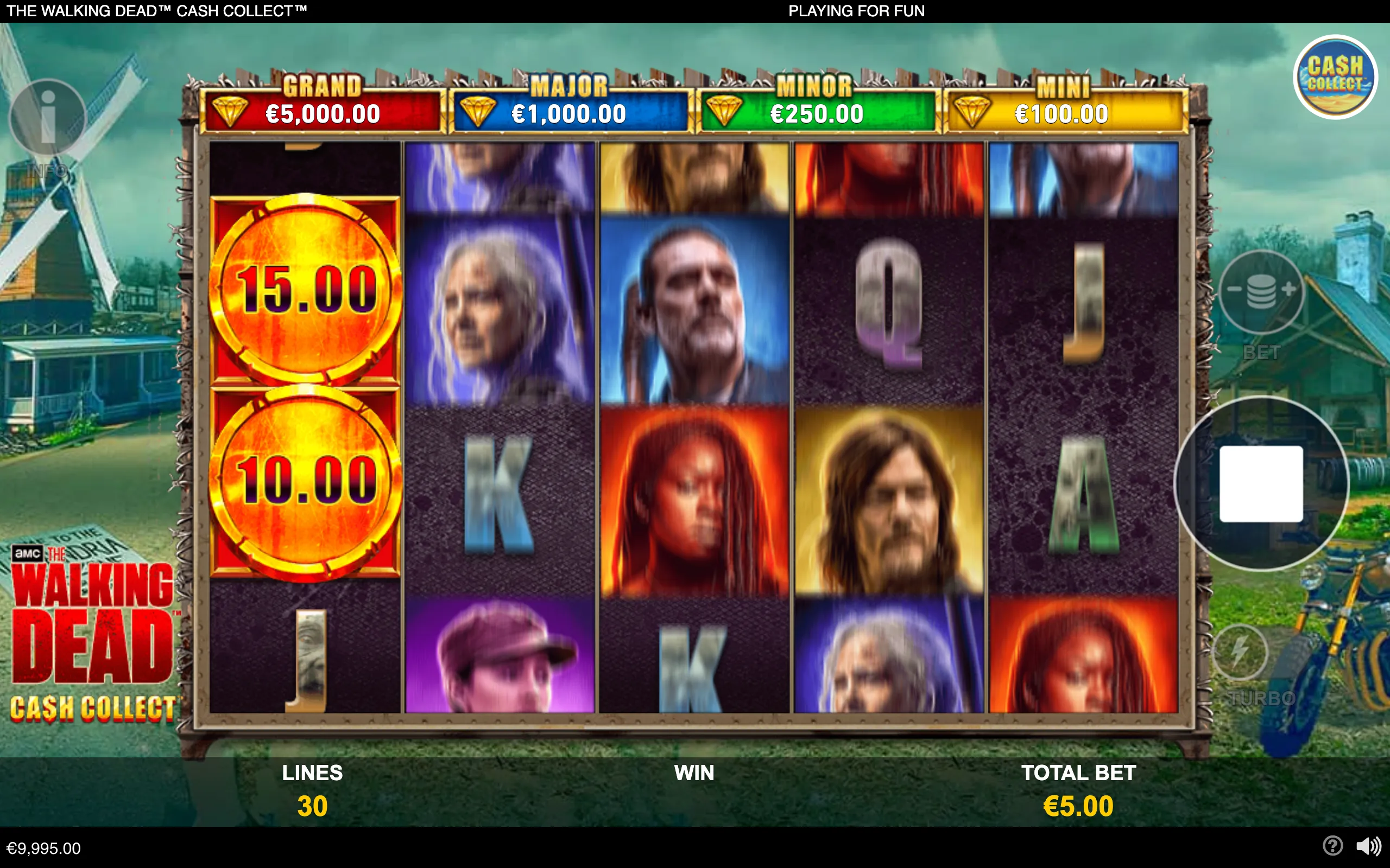 The Walking Dead Cash Collect slot interface with character reels, glowing cash-value symbols, and Grand, Major, Minor, and Mini jackpot tiers over a post-apocalyptic Atlanta backdrop.