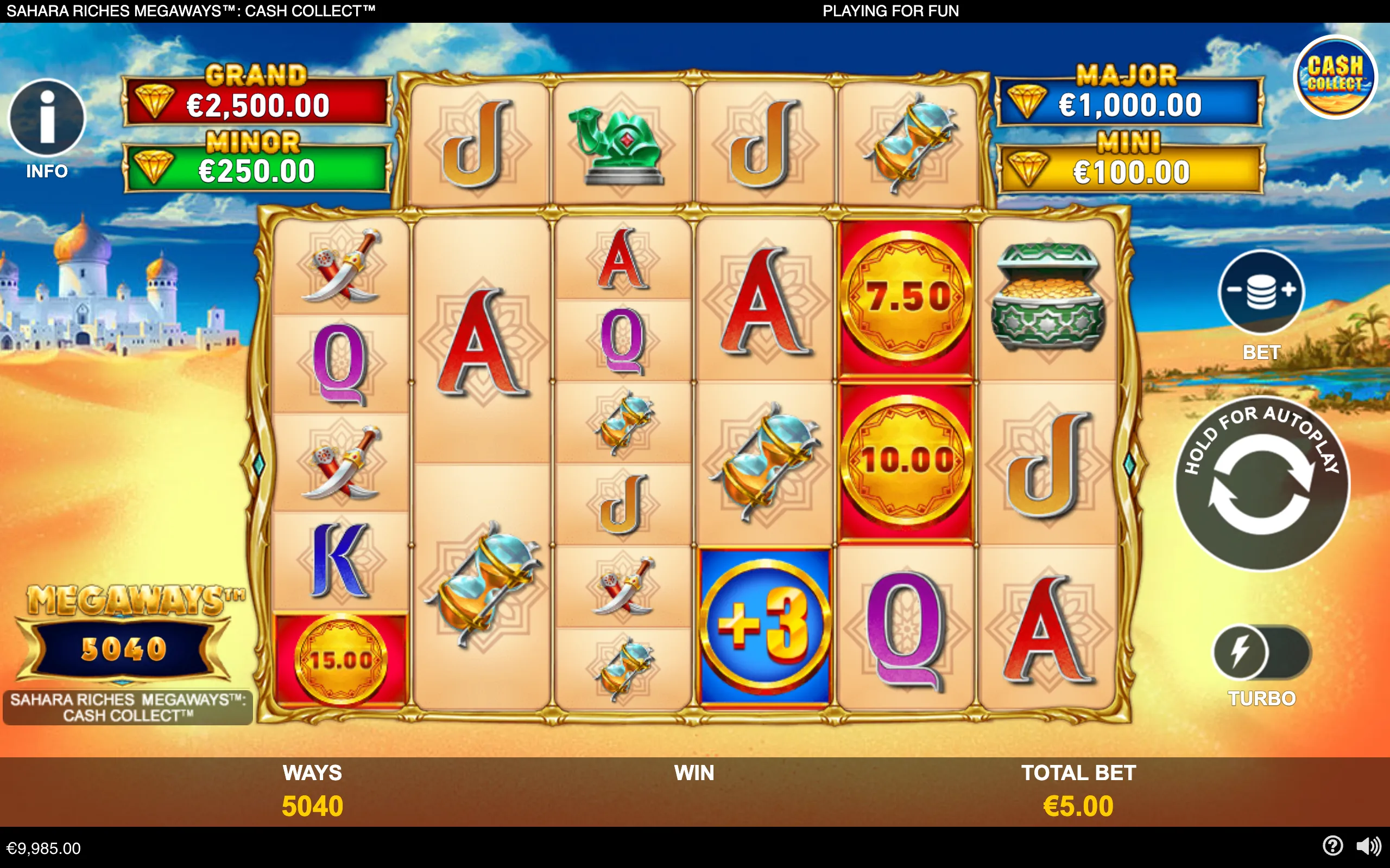 Sahara-themed Megaways slot interface with ornate reels, cash-value coins, desert palace scenery, treasure pots, curved daggers, and Grand, Major, Minor, and Mini jackpot panels.