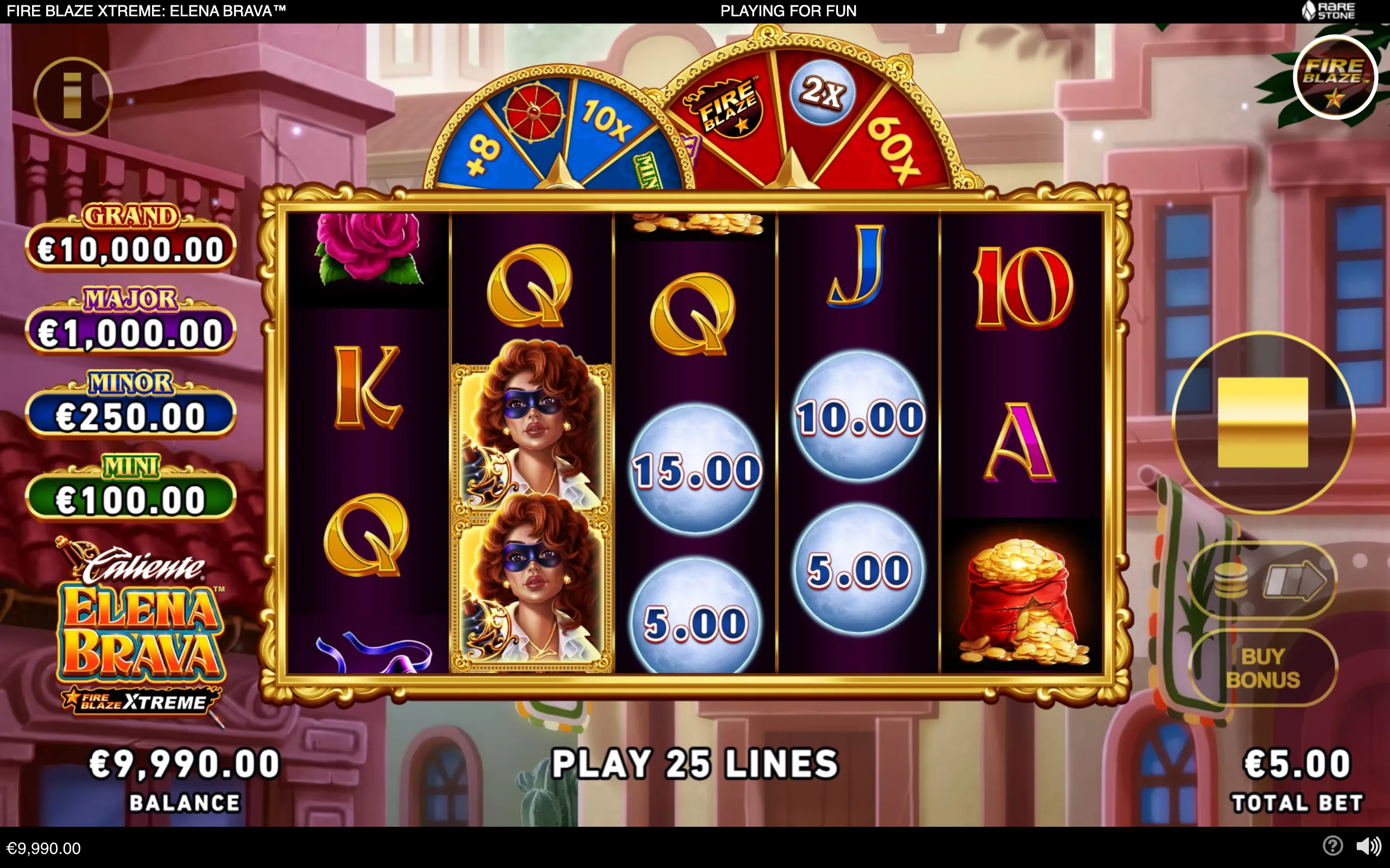 Fire Blaze Extreme: Elena Brava slot interface with masked heroine symbols, cash-value orbs, jackpot tiers, multiplier wheels, and a gold-framed reel set.