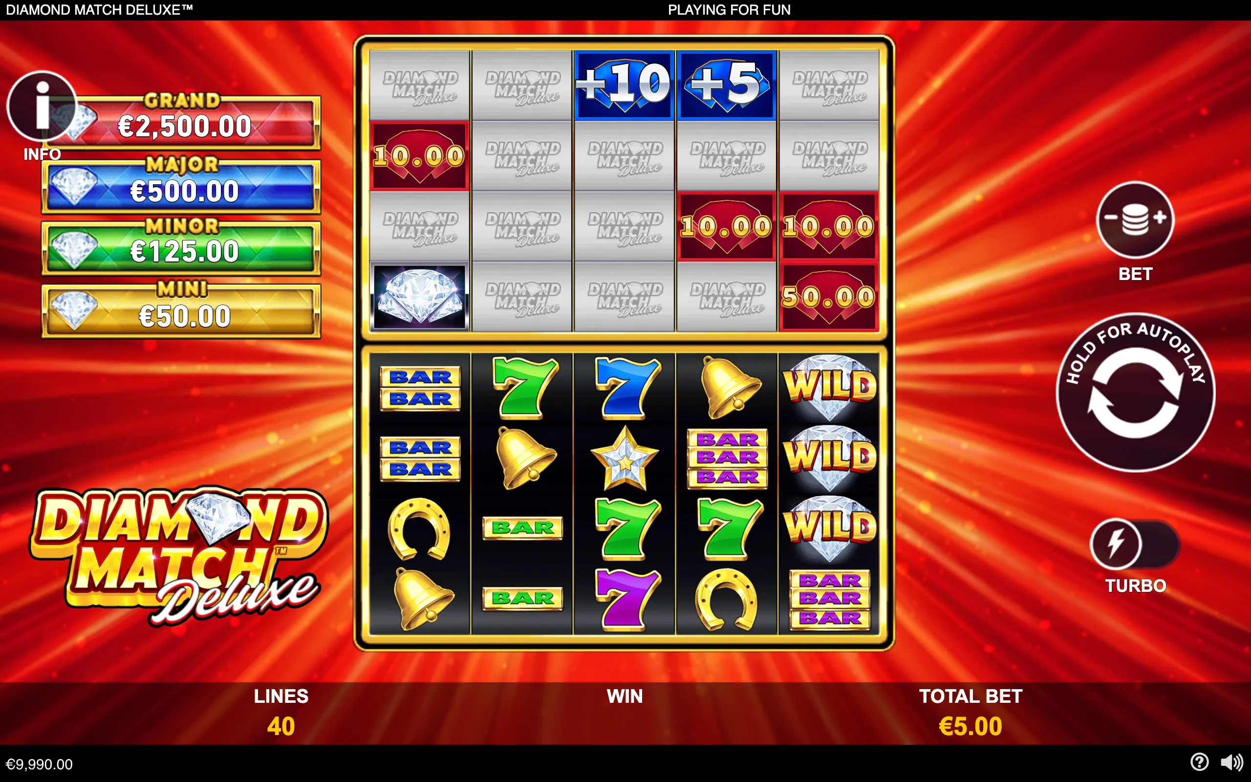Diamond Match Deluxe slot interface with five reels, diamond WILD symbols, BARs, bells, horseshoes, colorful 7s, jackpot values, and a red radiant background.