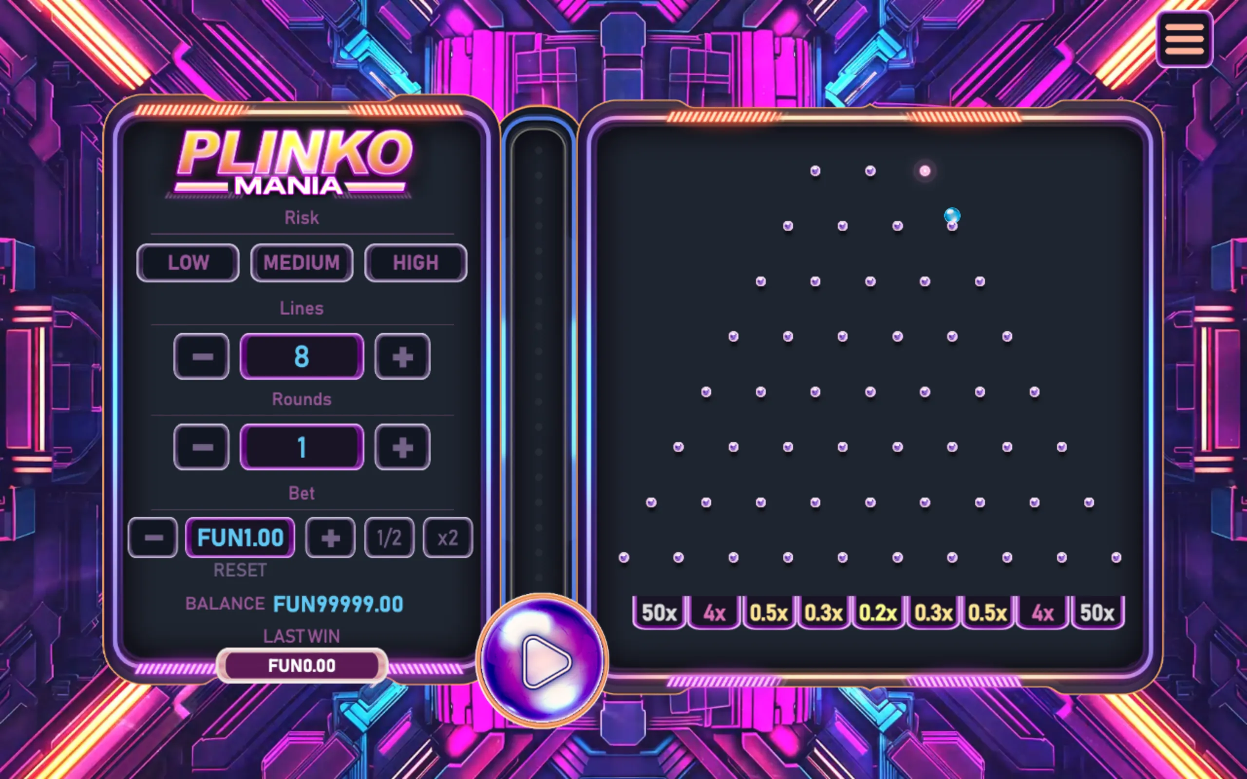 Neon cyberpunk Plinko Mania interface with a blue ball descending through purple pegs toward multiplier slots ranging from 0.2x to 50x.