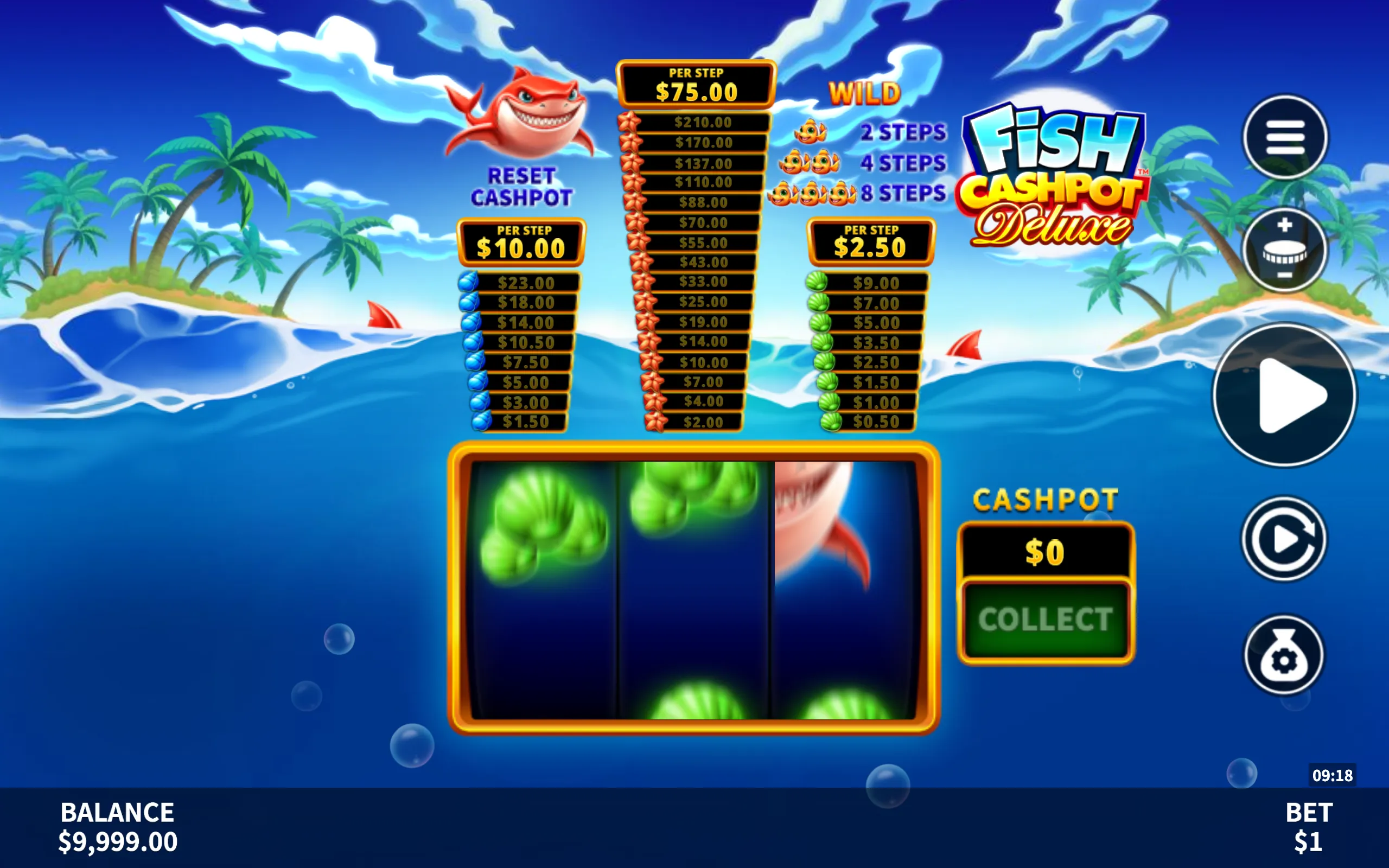 Fish Cashpot Deluxe slot game interface with colorful aquatic symbols, jackpot payout table, and tropical island background.