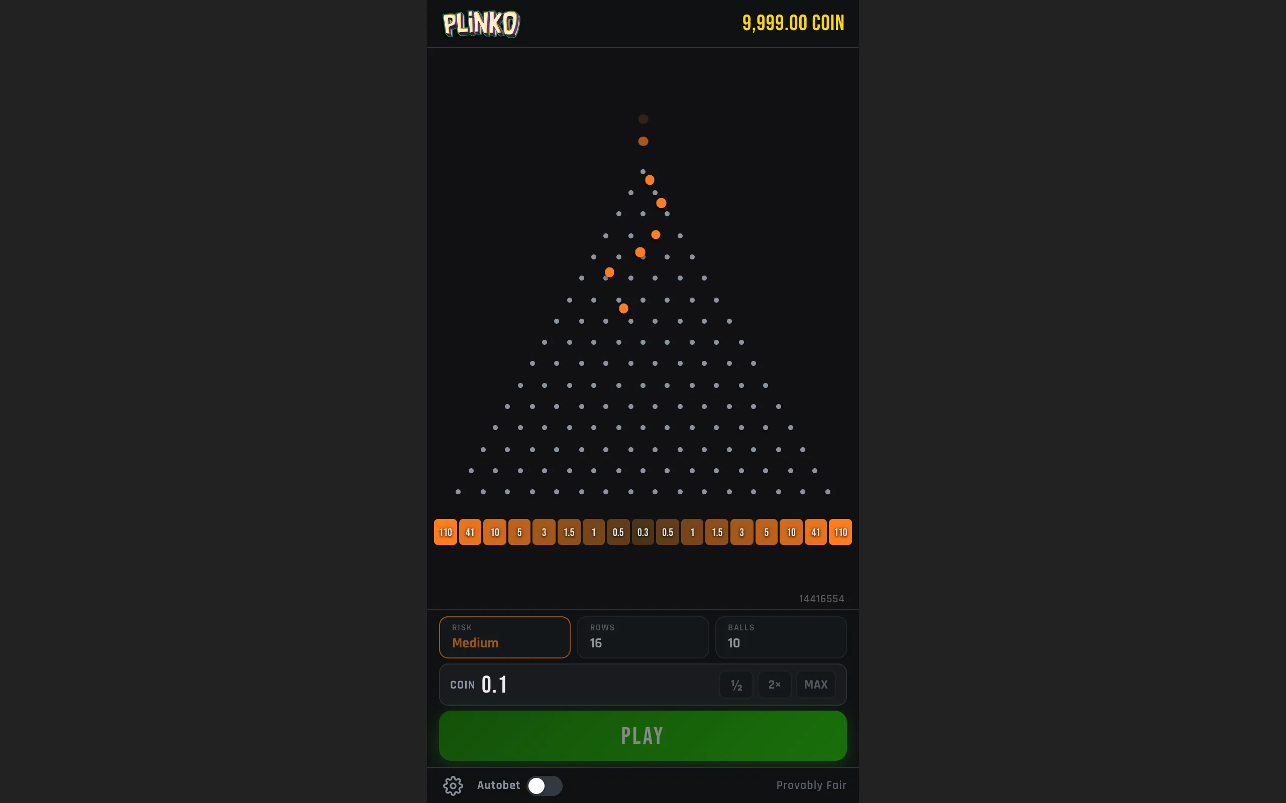 Dark Plinko game interface with orange balls descending through a triangular pegboard, multiplier slots from 0.3 to 110, and a large green Play button.