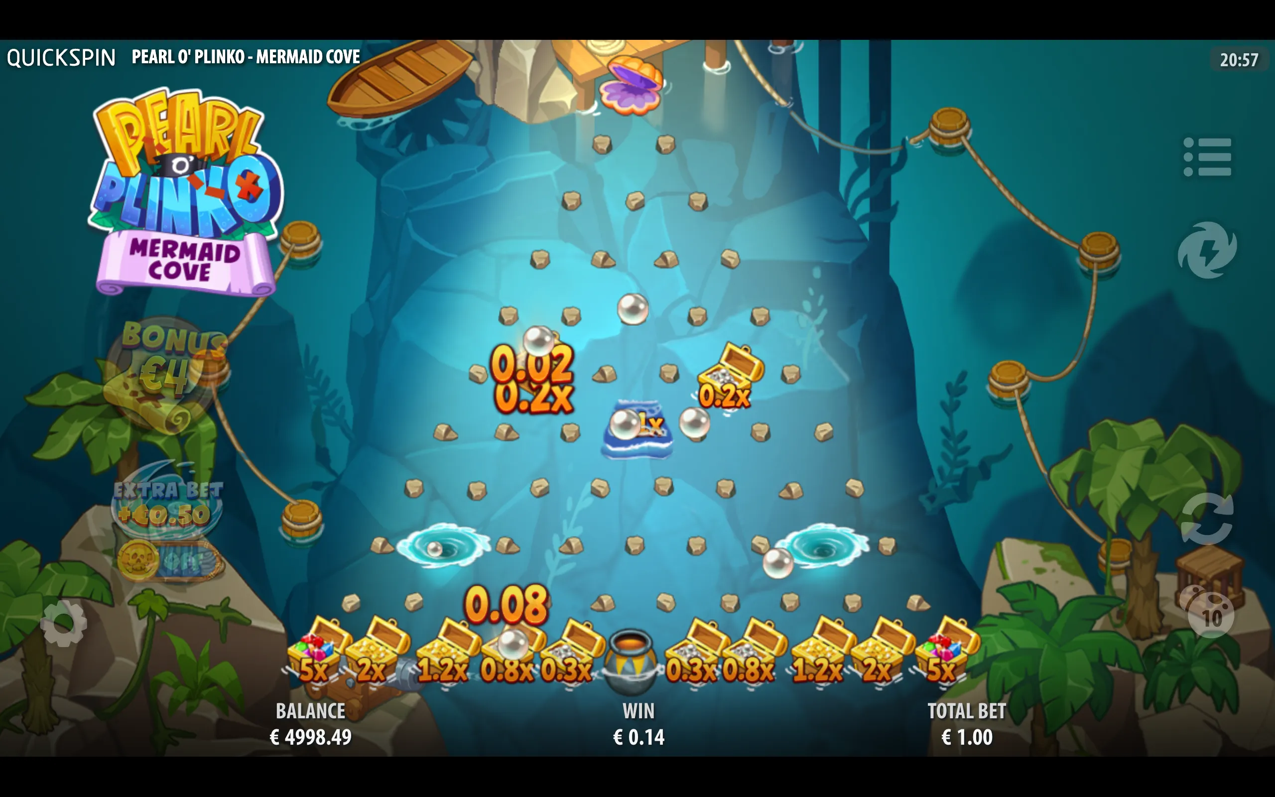 Colorful cartoon slot game interface set in an underwater mermaid cove, with pearls dropping through a peg-filled board toward treasure chests marked with payout multipliers.