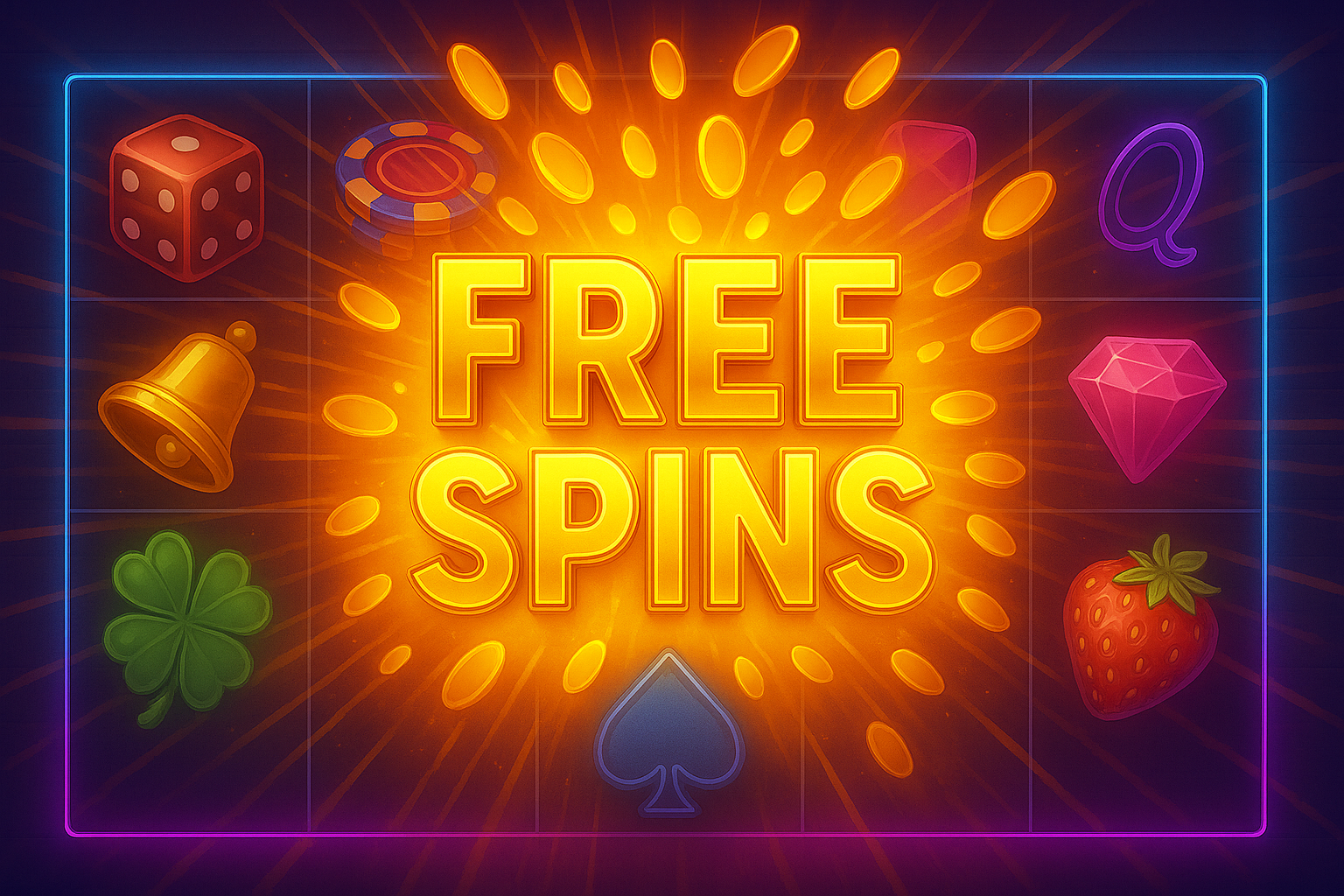 Bold "FREE SPINS" text radiates from the center of a slot game grid, surrounded by glowing coins and classic symbols like dice, bell, clover, gem, and strawberry.