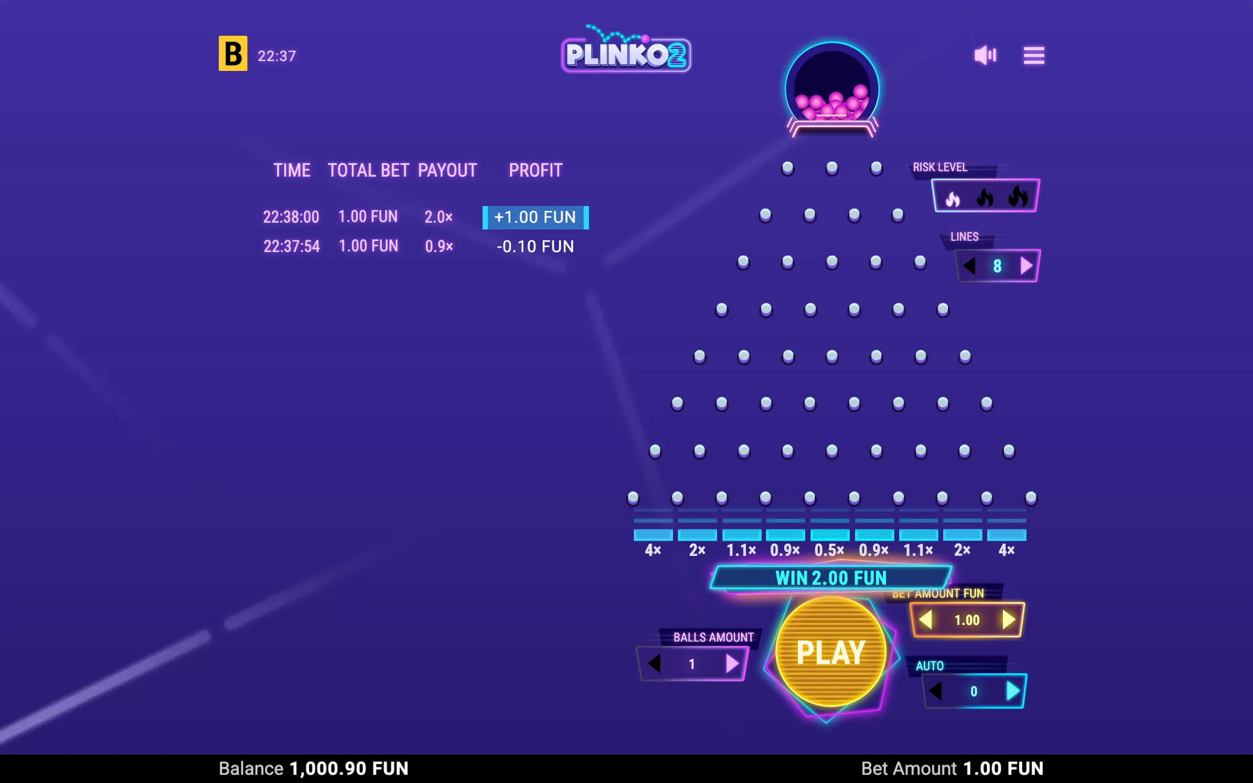 Plinko 2 casino game interface with glowing neon purple graphics, a ball-filled hopper, cascading peg board, multiplier lanes, and a large play button.