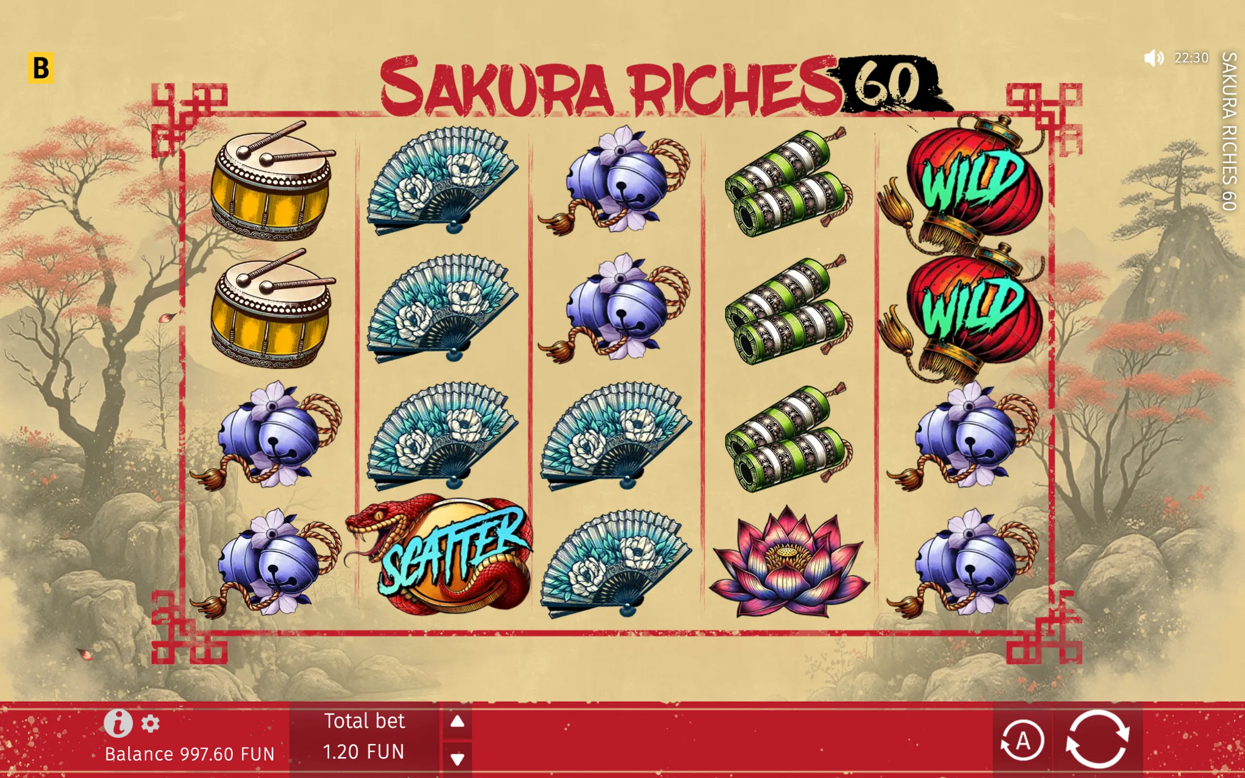 Sakura Riches 60 slot reels featuring Japanese drums, folding fans, bells, scrolls, lotus flowers, wild lanterns, and a snake-marked scatter symbol against a serene blossom-tree landscape.