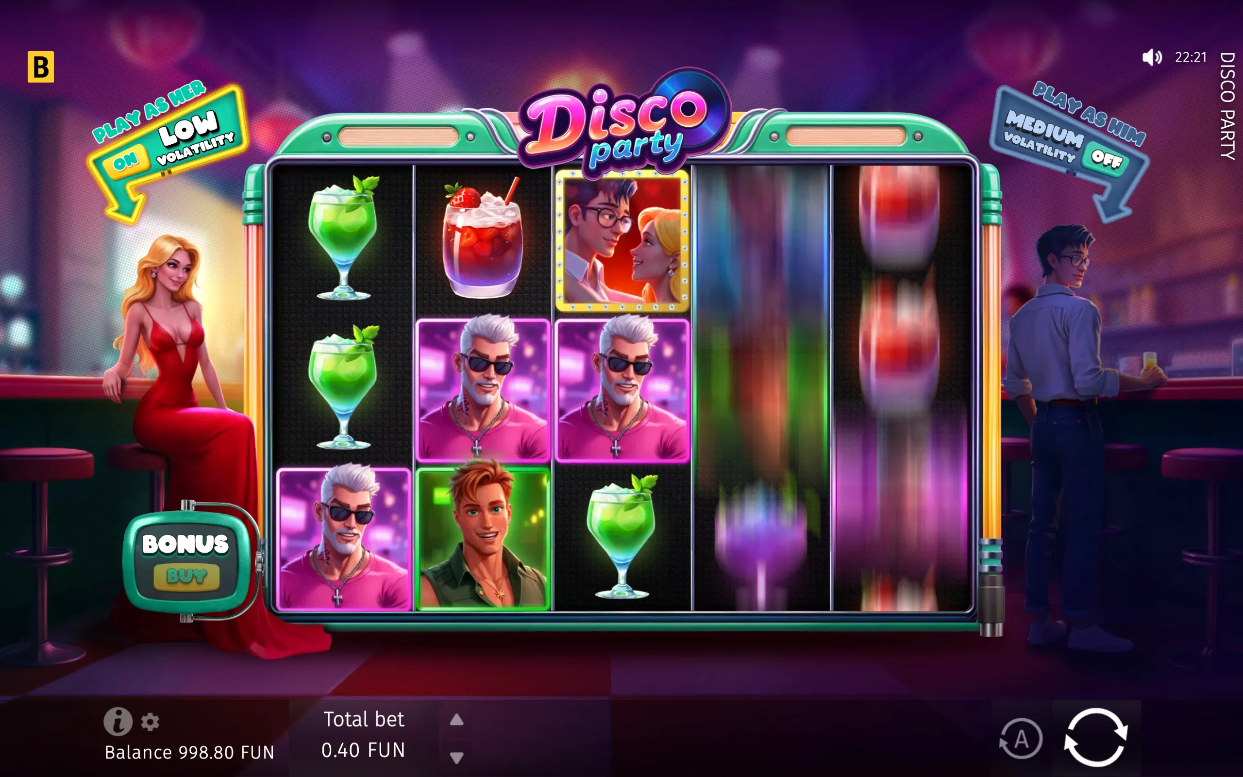 Disco Party slot interface featuring cocktail and nightclub character symbols on glowing reels, with a retro disco bar setting and bonus buy button.