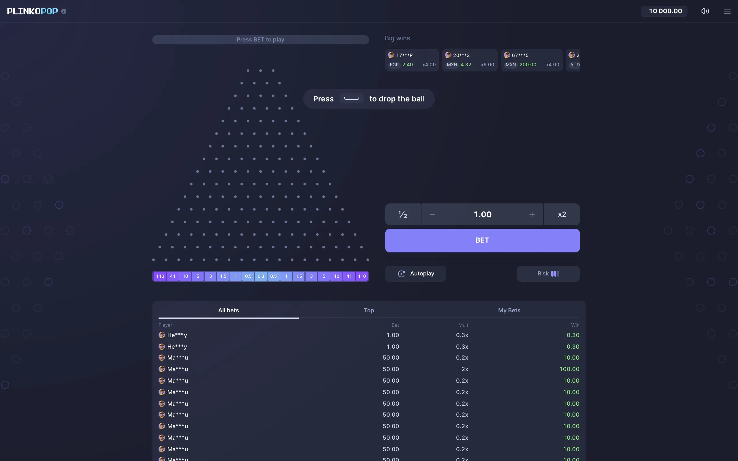 Plinko Pop game interface with a glowing triangular field of pegs, multiplier slots along the base, betting controls, and a dark purple-blue arcade backdrop.
