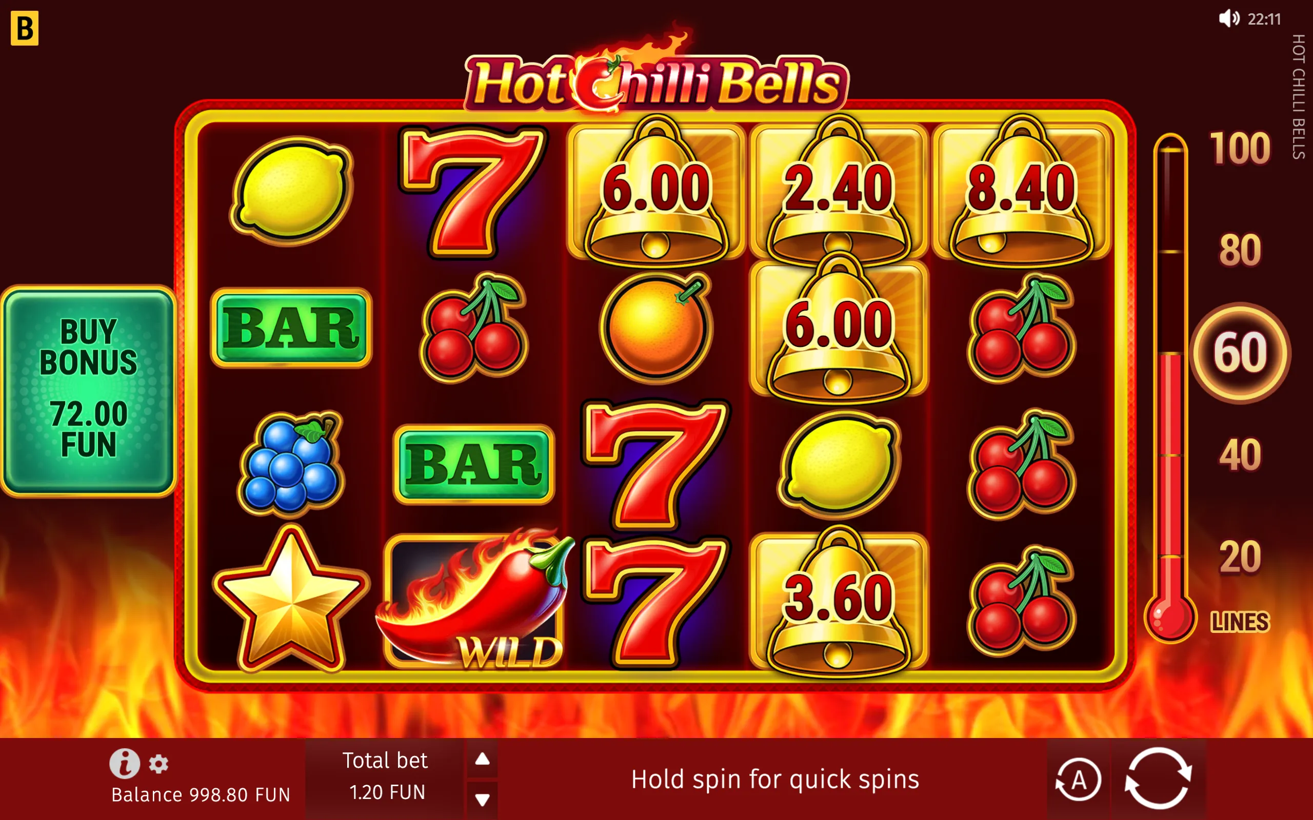 Hot Chilli Bells slot interface with flaming chilli wild, red sevens, fruit symbols, value bells, a Buy Bonus panel, and flame-filled red and gold styling.