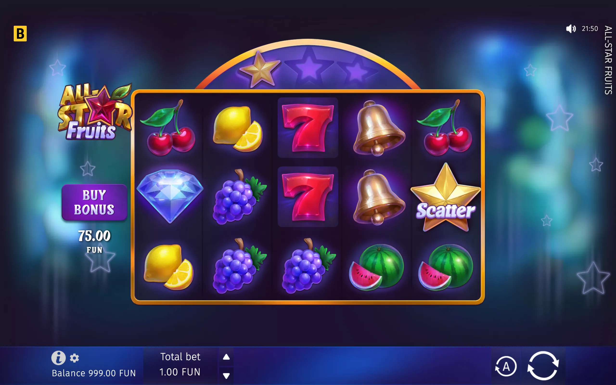 All-Star Fruits slot interface with cherries, lemons, grapes, watermelons, bells, red sevens, a diamond, and a gold star Scatter symbol on purple reels.