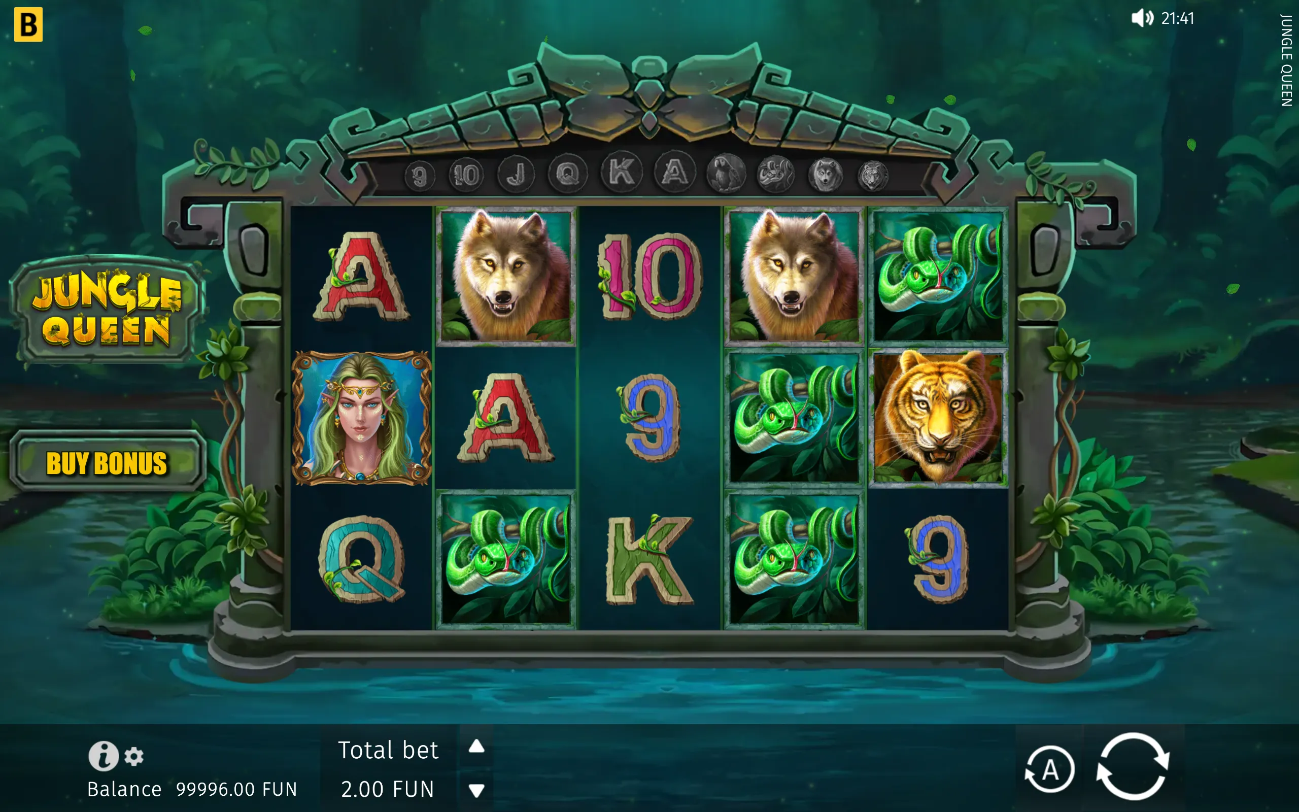 Jungle Queen slot interface with jungle foliage, stone-framed reels, a fantasy queen, wolves, green snakes, a tiger, and letter symbols.
