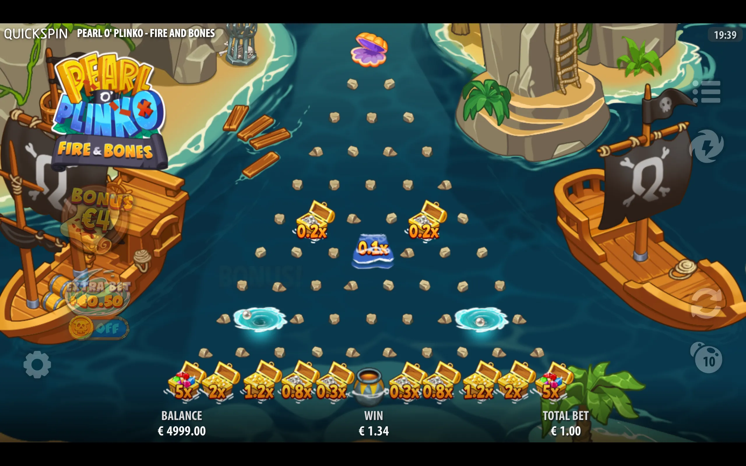 Cartoon pirate ships flank a watery Plinko board filled with rocks, treasure chests, whirlpools, and multiplier values in the slot game Pearl O' Plinko - Fire & Bones.
