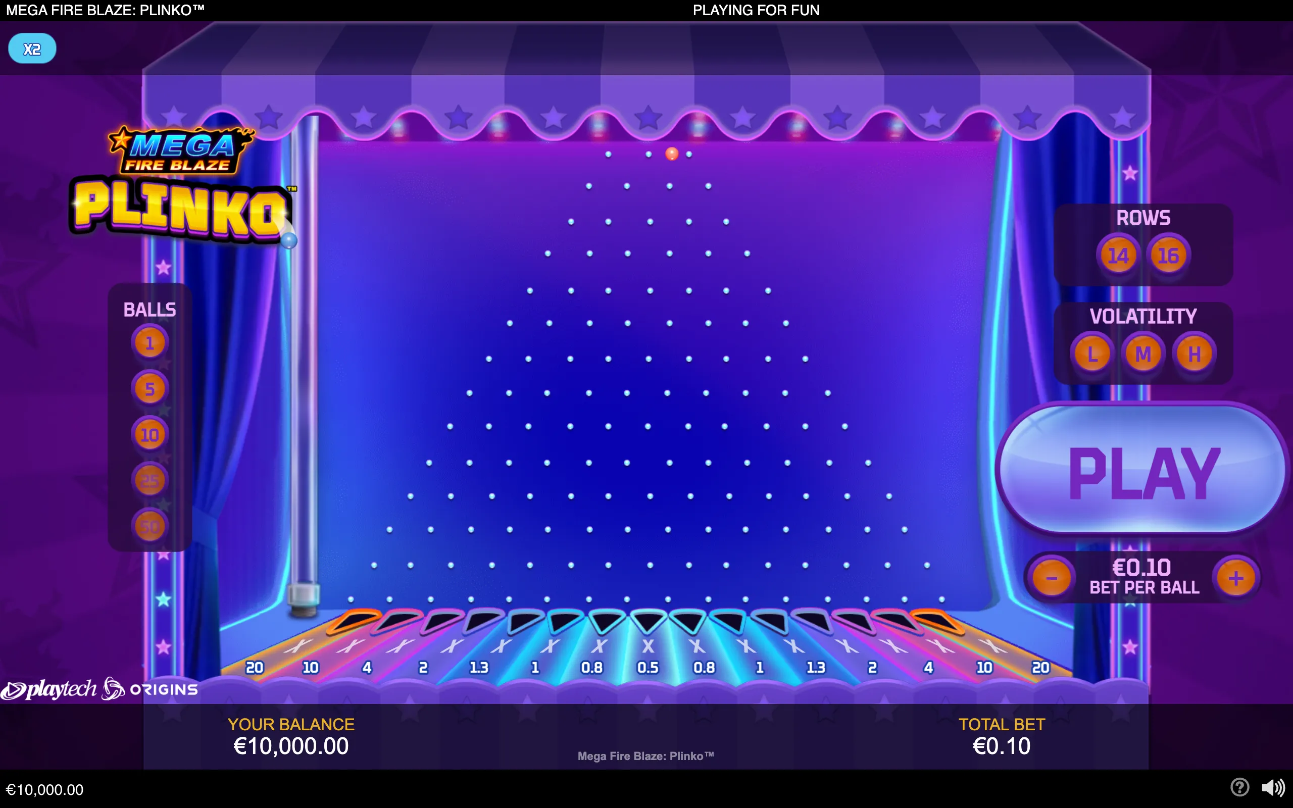 Mega Fire Blaze: Plinko slot interface with a glowing blue pegboard, colorful multiplier lanes, ball options, row and volatility settings, and a large play button.