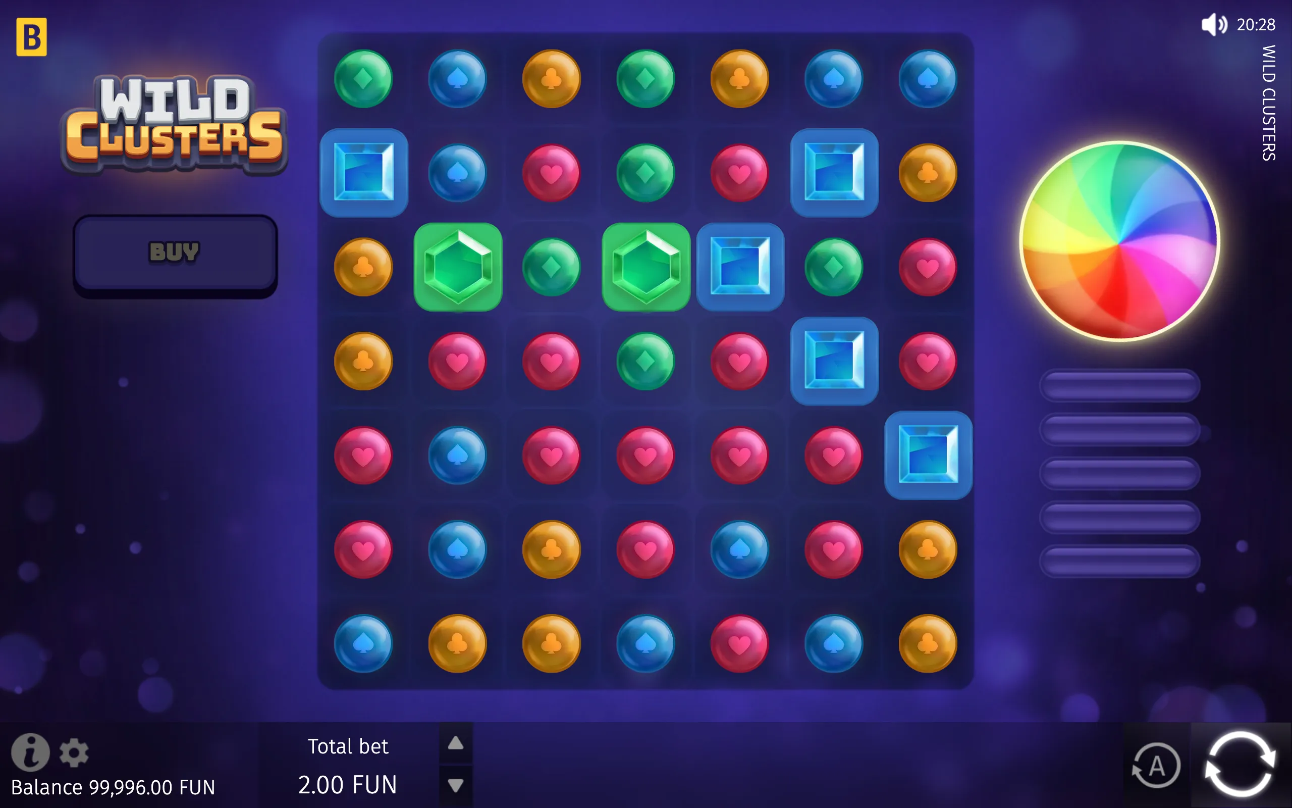 Wild Clusters slot interface with a large grid of colorful heart, diamond, club, and spade symbols, oversized blue and green jewel symbols, a multicolor wheel, and a purple game backdrop.