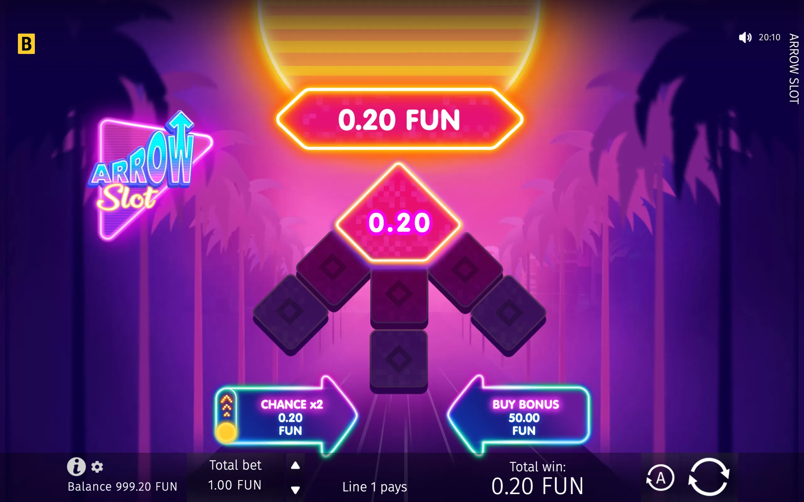 Arrow Slot interface with glowing pink and purple neon arrows, a 0.20 FUN payout display, and futuristic bonus controls against a stylized city backdrop.