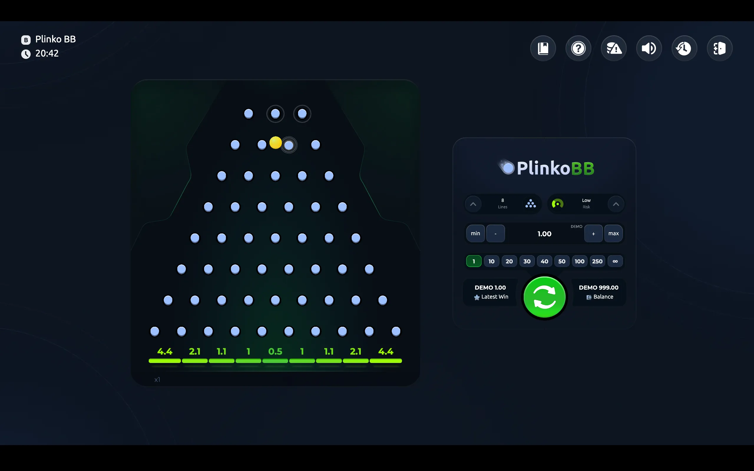 Plinko BB game interface with a glowing yellow ball descending through a triangular field of blue pegs toward green multiplier lanes.