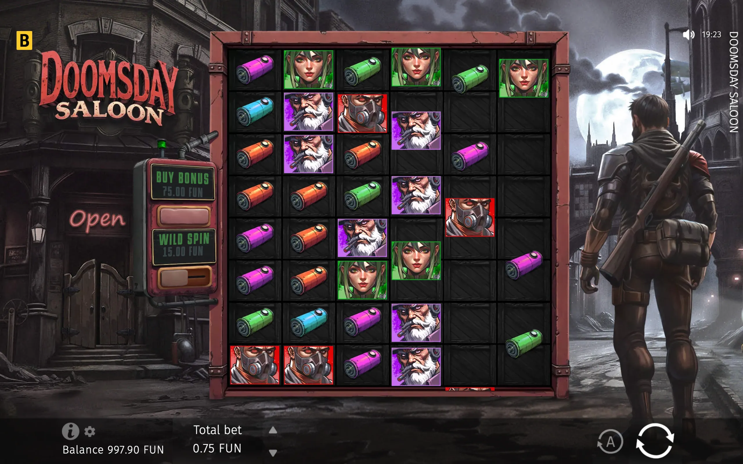 Doomsday Saloon slot reels filled with colorful ammunition symbols and illustrated survivors, set against a ruined saloon and stormy post-apocalyptic cityscape.