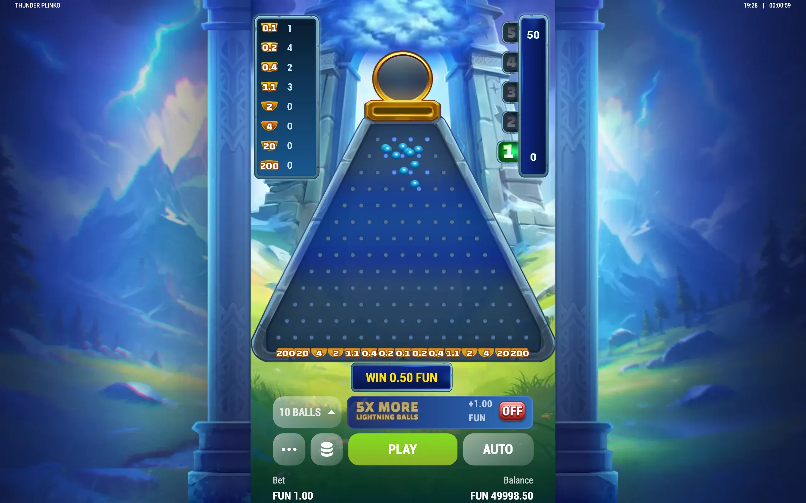 Thunder Plinko game interface with glowing blue balls descending through a pegged board, multiplier slots, and a stormy fantasy temple backdrop.