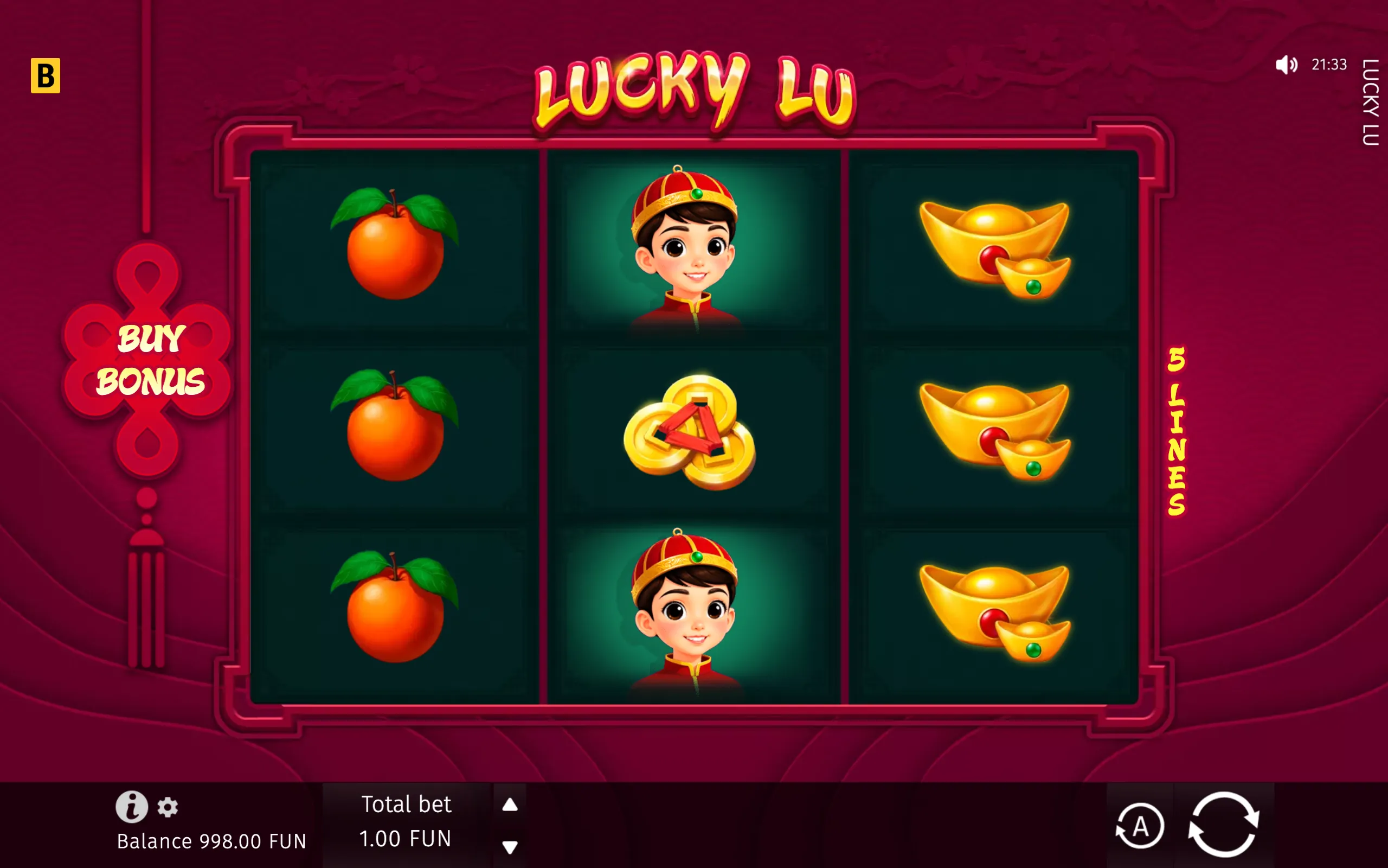 Lucky Lu slot preview featuring a smiling child in traditional Chinese attire, oranges, gold ingots, ancient coins, and a red-and-gold reel interface.