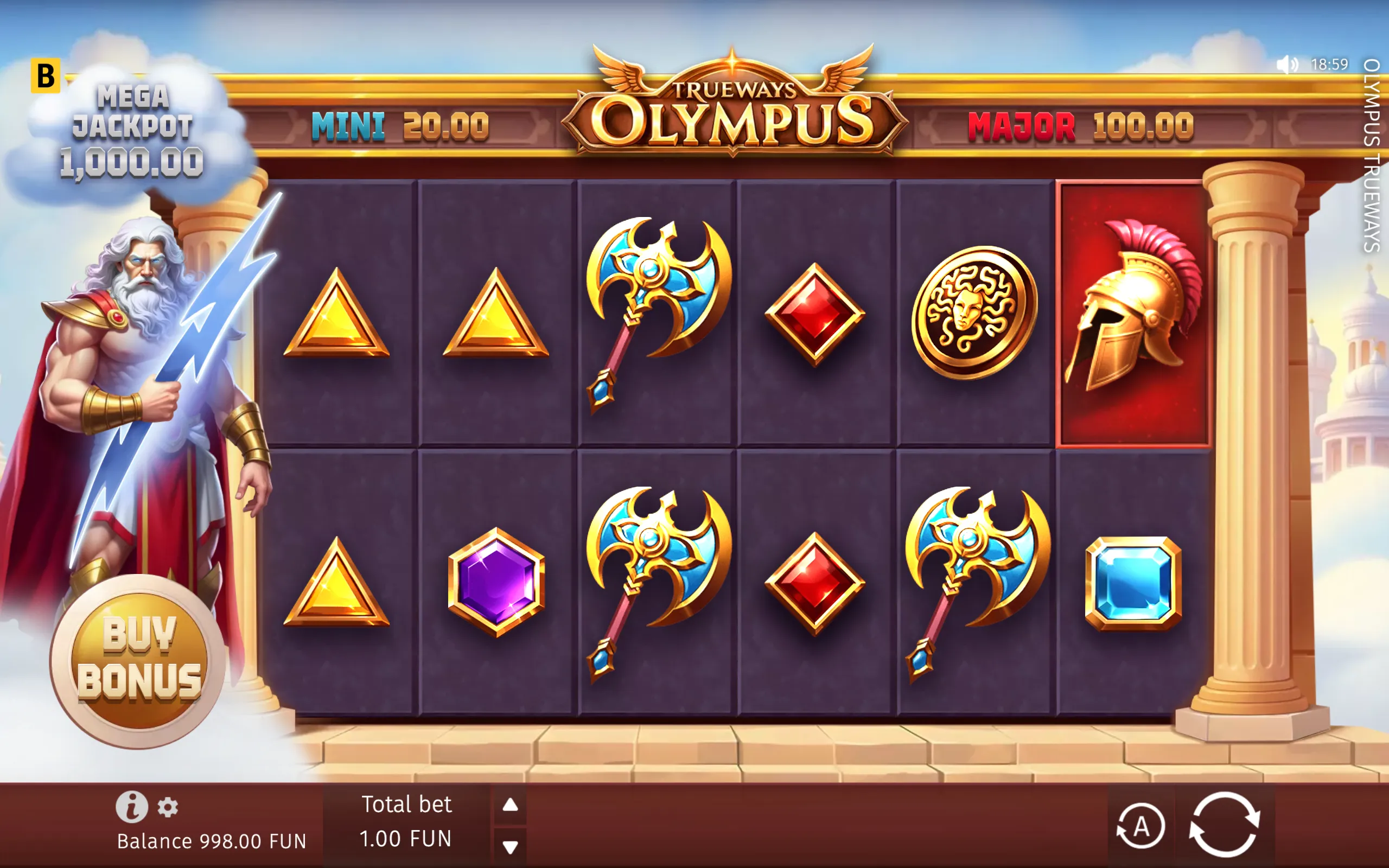 Greek mythology-themed Olympus Trueways slot interface with Zeus, lightning, temple columns, mythic symbols, jackpot tiers, and a Buy Bonus button.