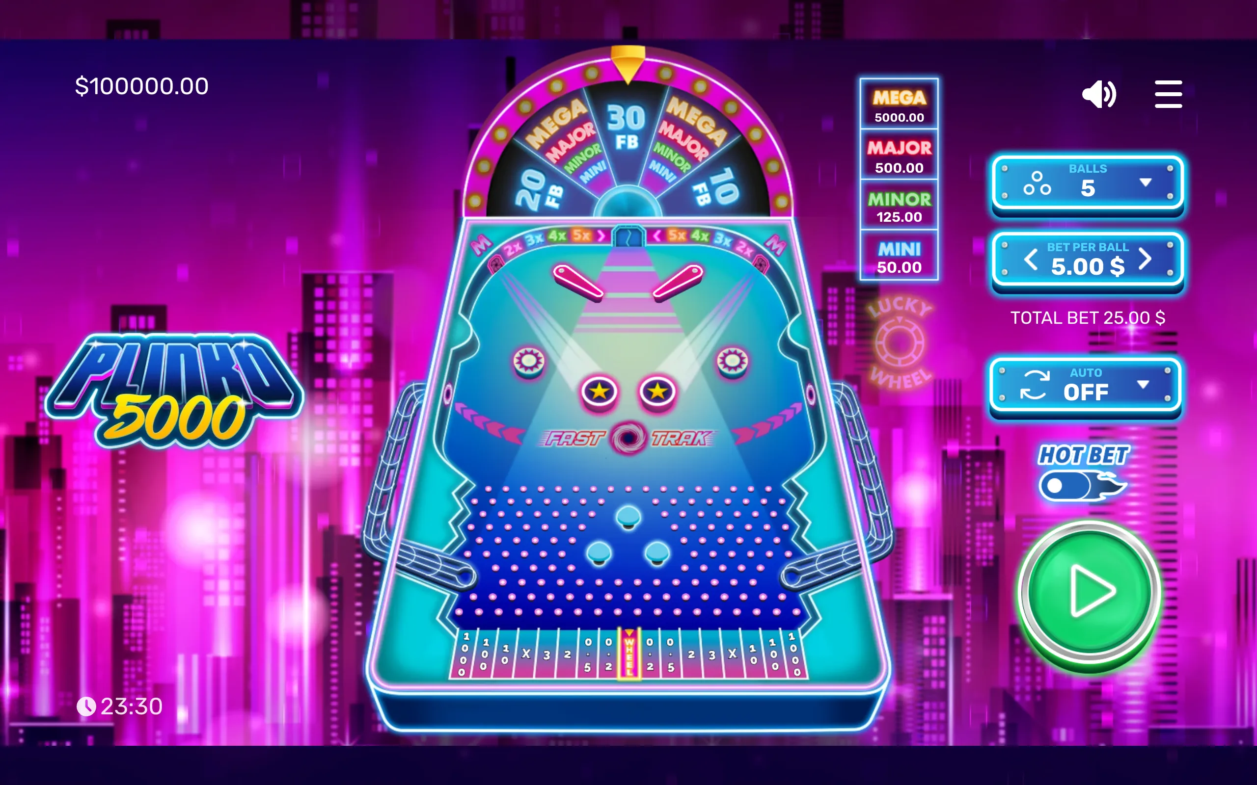 Plinkball 5000 slot interface with a neon pachinko-style ball board, bonus wheel, city skyline, and Mega, Major, Minor, and Mini prize tiers.