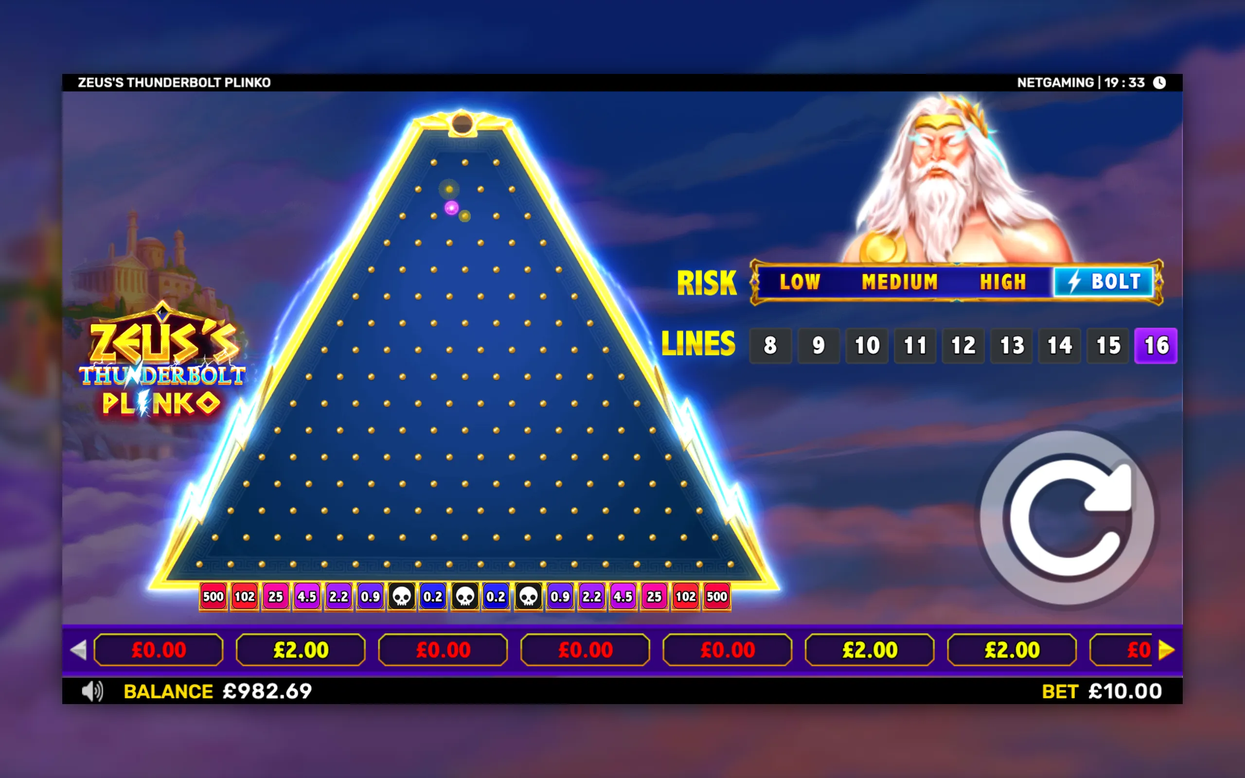 Zeus’s Thunderbolt Plinko game interface with a glowing triangular Plinko board, Greek temple backdrop, storm clouds, Zeus character, risk options, line selections, and payout slots.