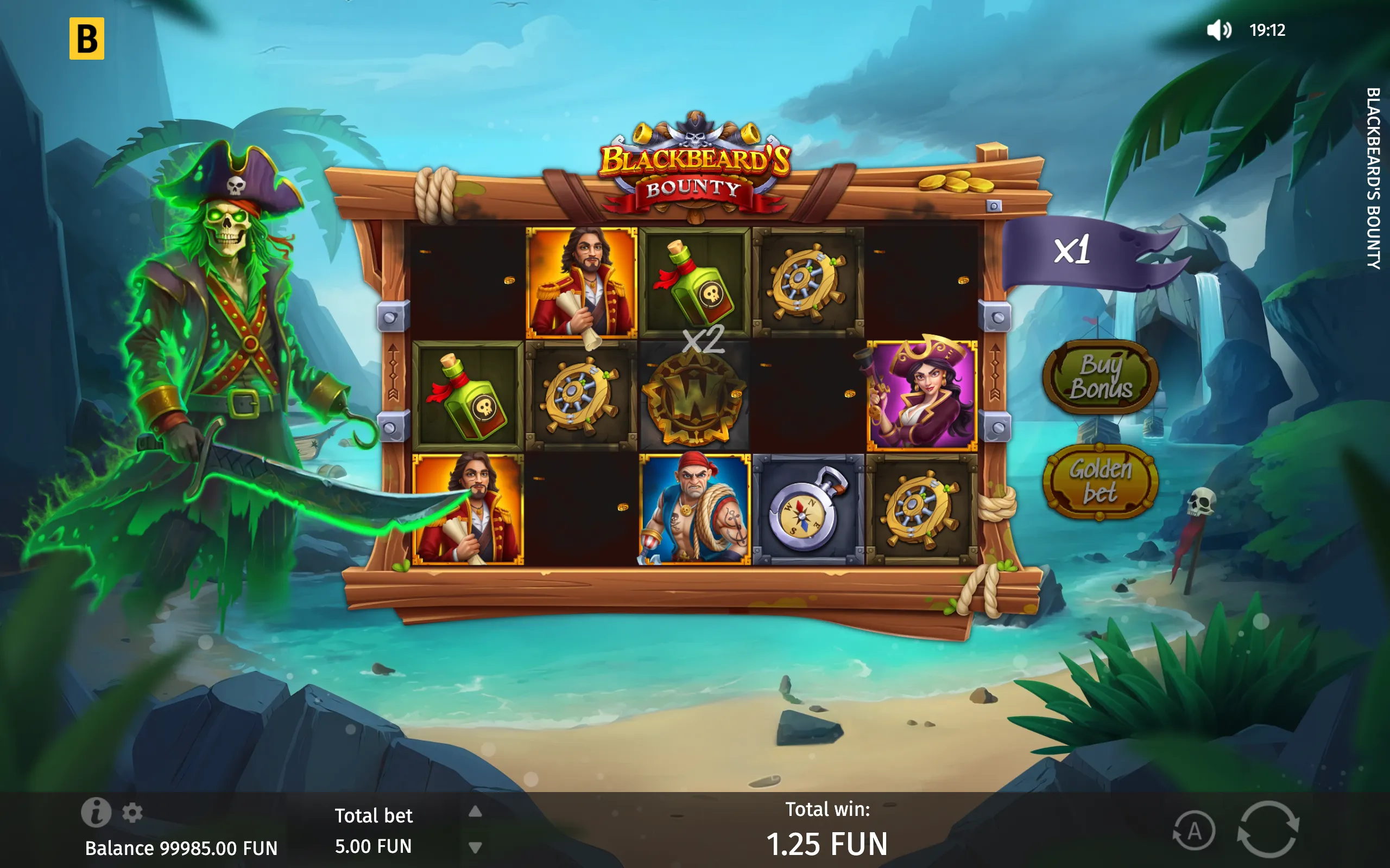 Cartoon pirate slot game with Blackbeard, a ghostly green captain, pirate characters, ship wheels, rum bottles, and multiplier markers against a tropical island cove.