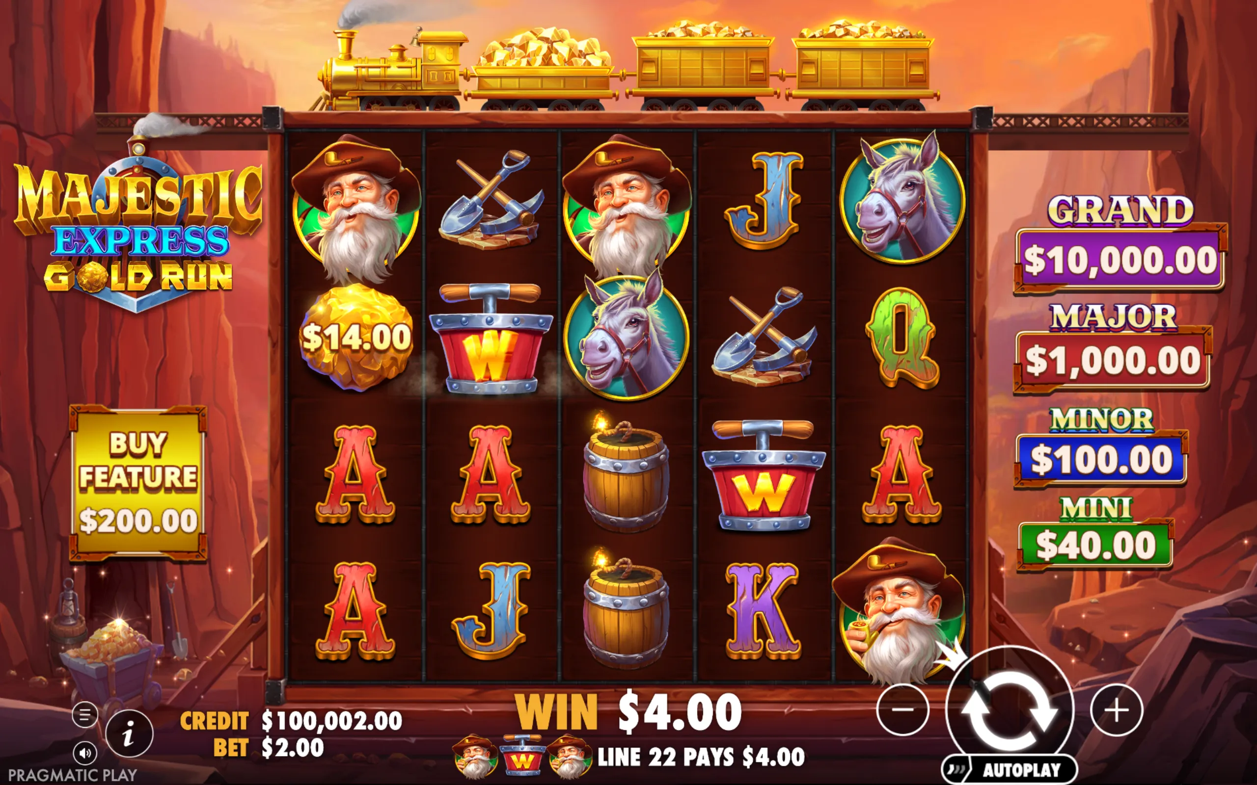 Majestic Express - Gold Run slot game with a mining theme featuring a golden train carrying gold nuggets, miner character symbols, and jackpot tiers displayed on the right.