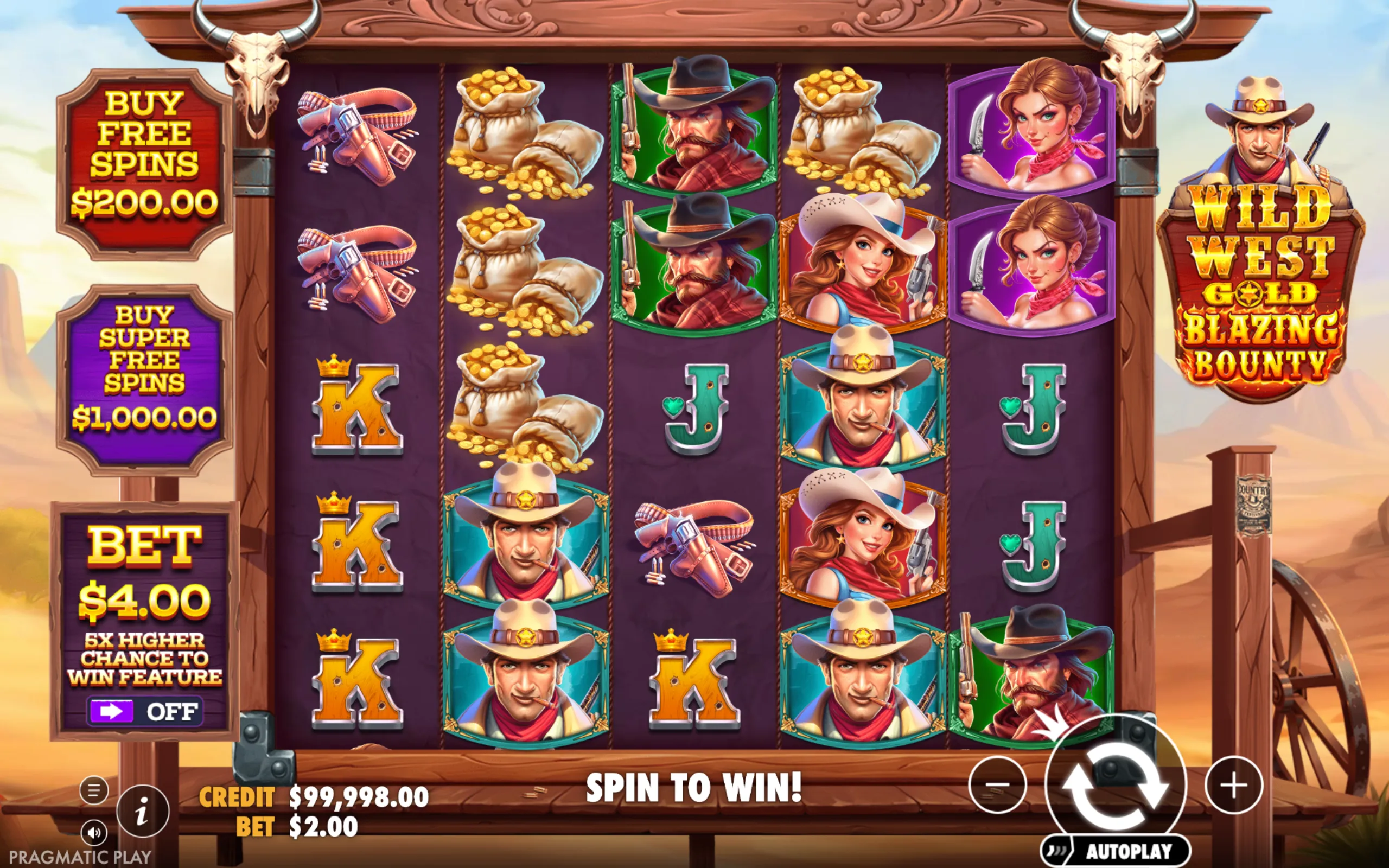Wild West Gold Blazing Bounty slot game reels featuring cowboy and cowgirl characters, gold coin bags, weapons, and classic card symbols with a desert backdrop.