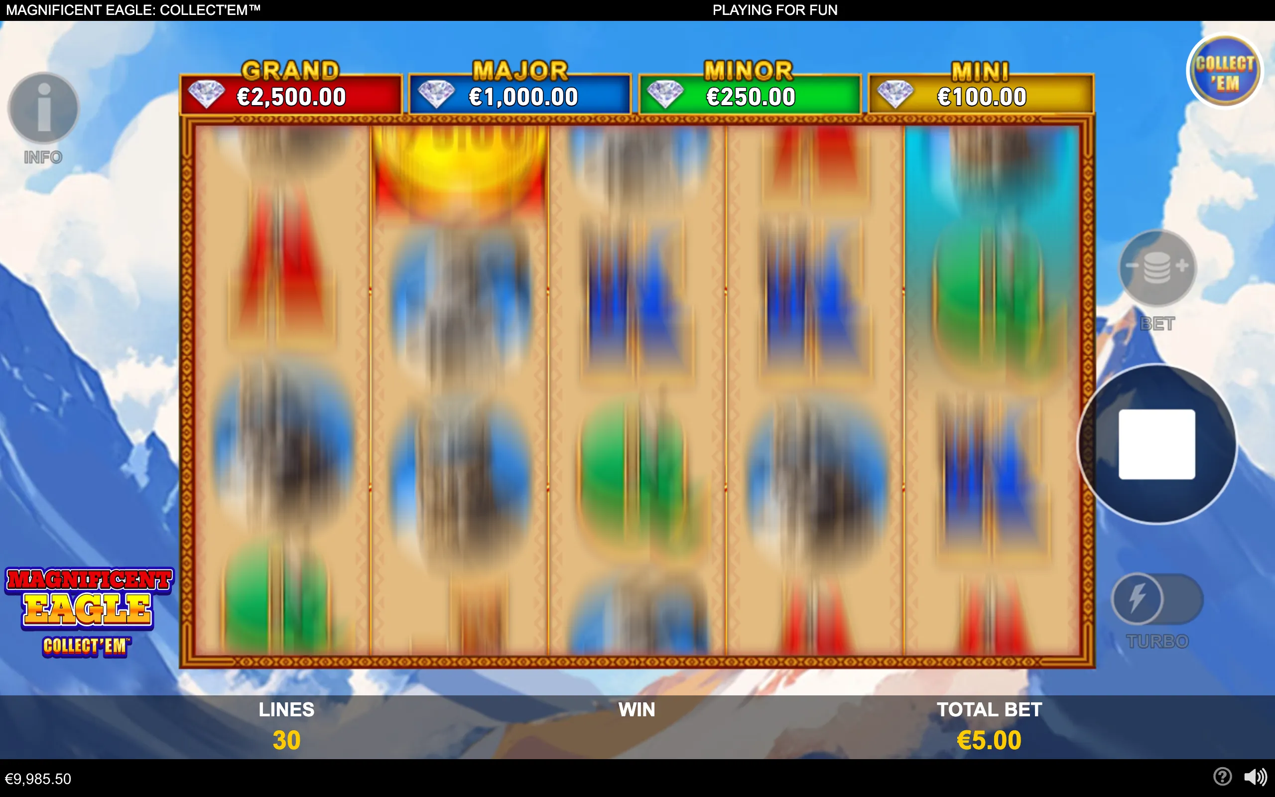 Magnificent Eagle: Collect'Em slot interface with five spinning reels, ornate gold trim, mountain peaks and clouds, and Grand, Major, Minor, and Mini jackpot banners.