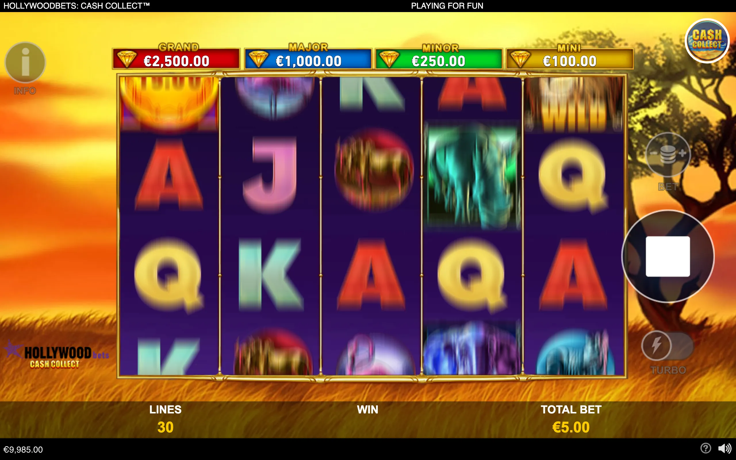 Hollywood Bets: Cash Collect slot interface with five purple reels, colorful letter symbols, jackpot meters, and a golden savannah backdrop.