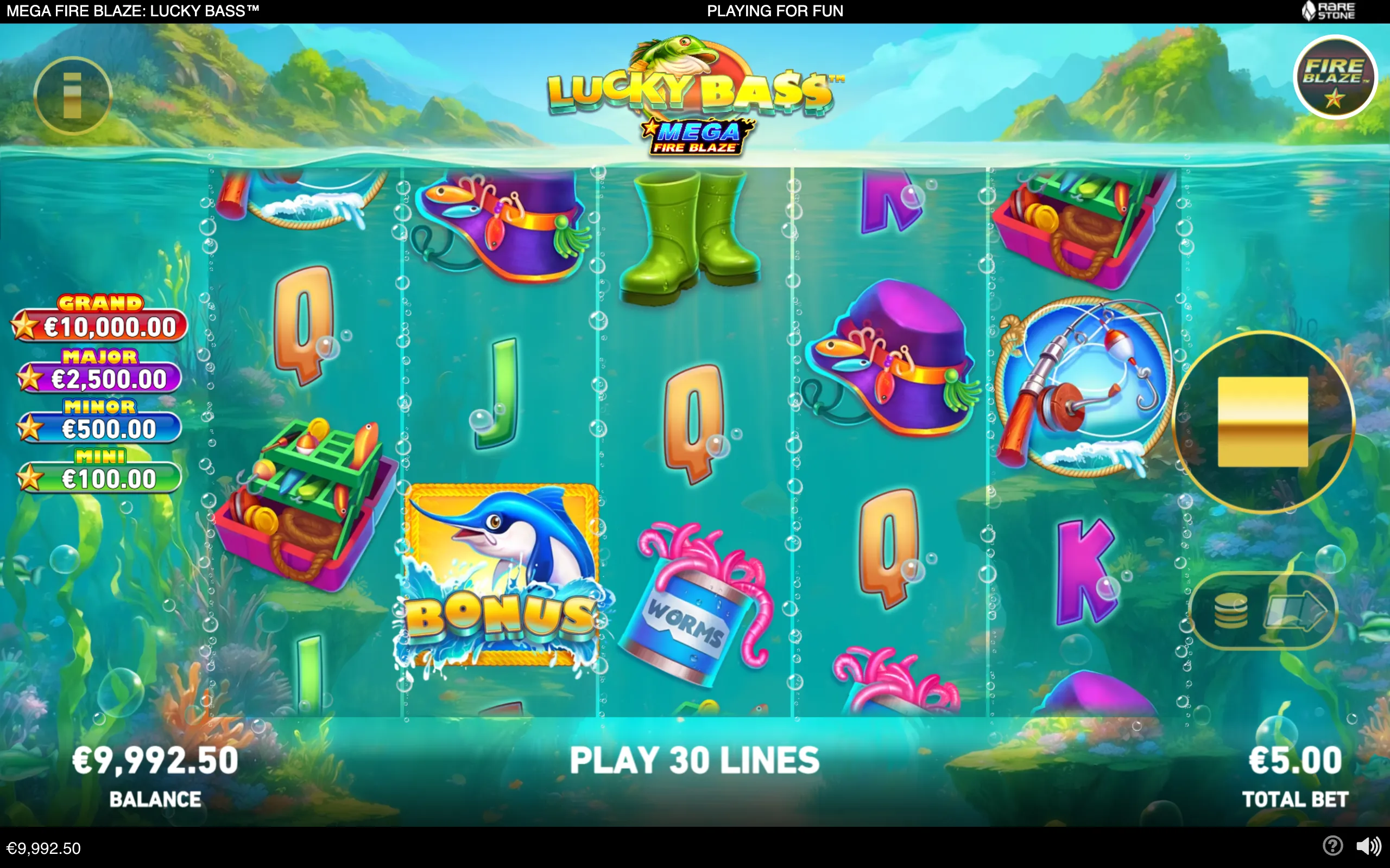 Colorful underwater slot reels featuring fishing gear, bait, boots, alphabet symbols, a dolphin BONUS symbol, and Grand, Major, Minor, and Mini jackpot labels.