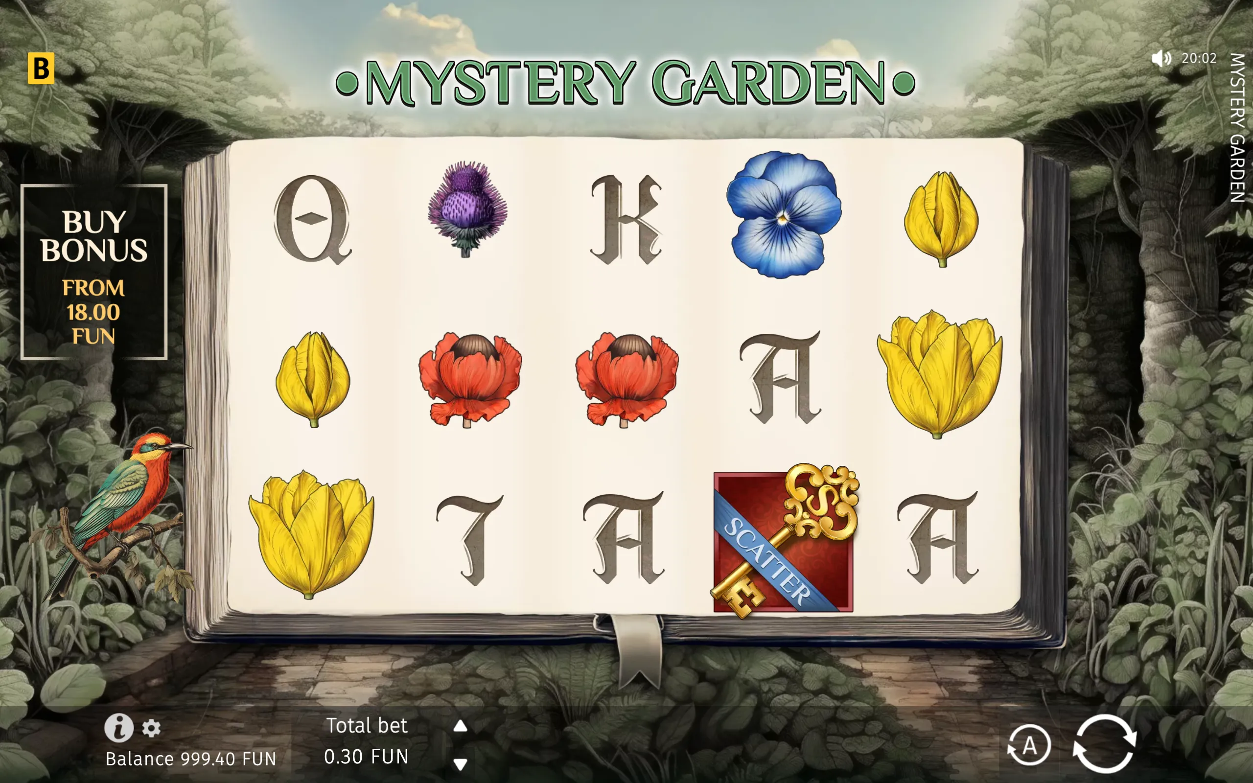 Mystery Garden slot interface styled as an open book in a woodland setting, featuring colorful flowers, playing-card symbols, a bird, and a SCATTER key emblem.