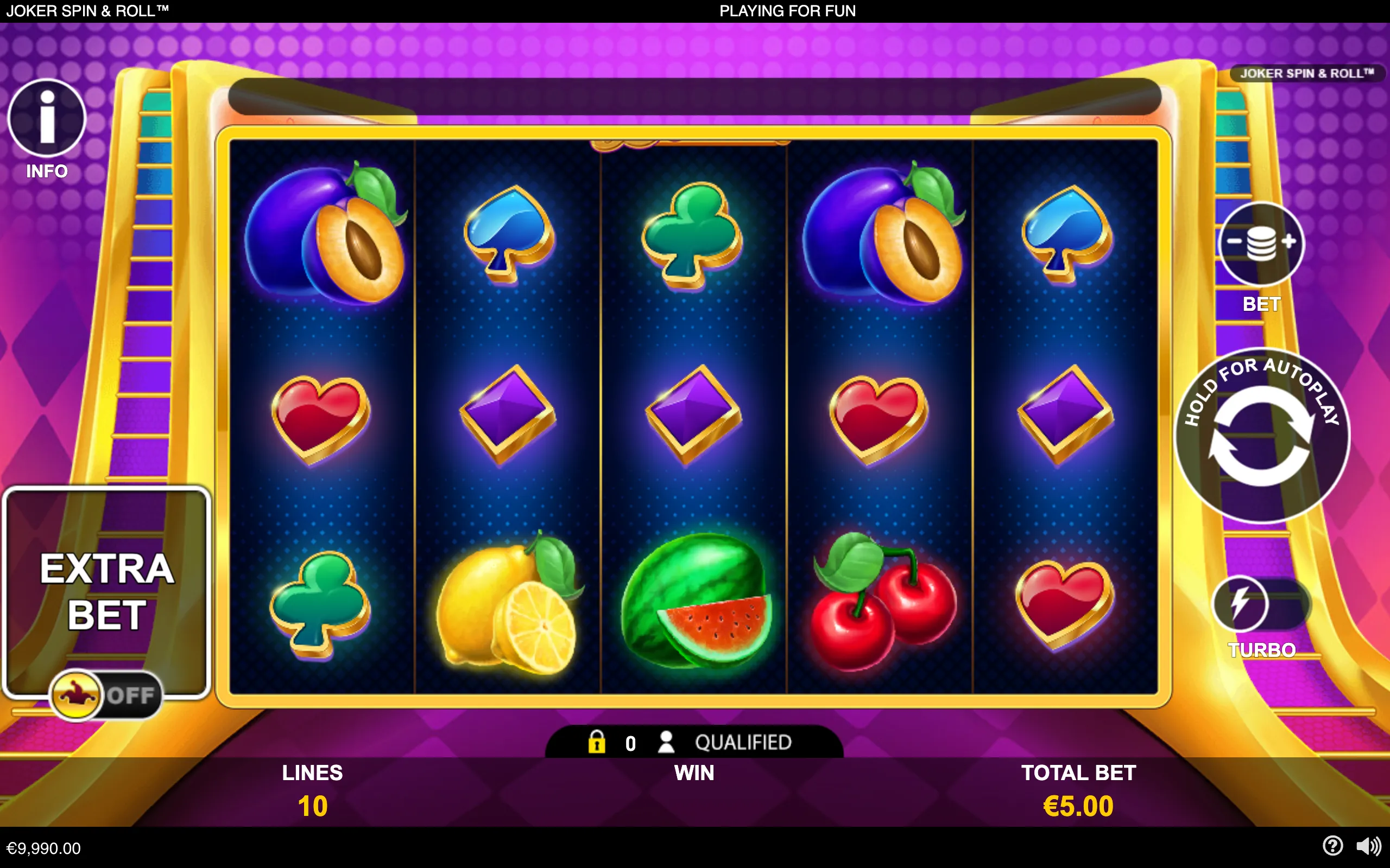 Joker Spin & Roll slot interface with five reels displaying colorful fruit and card-suit symbols against a purple patterned backdrop, framed in gold.