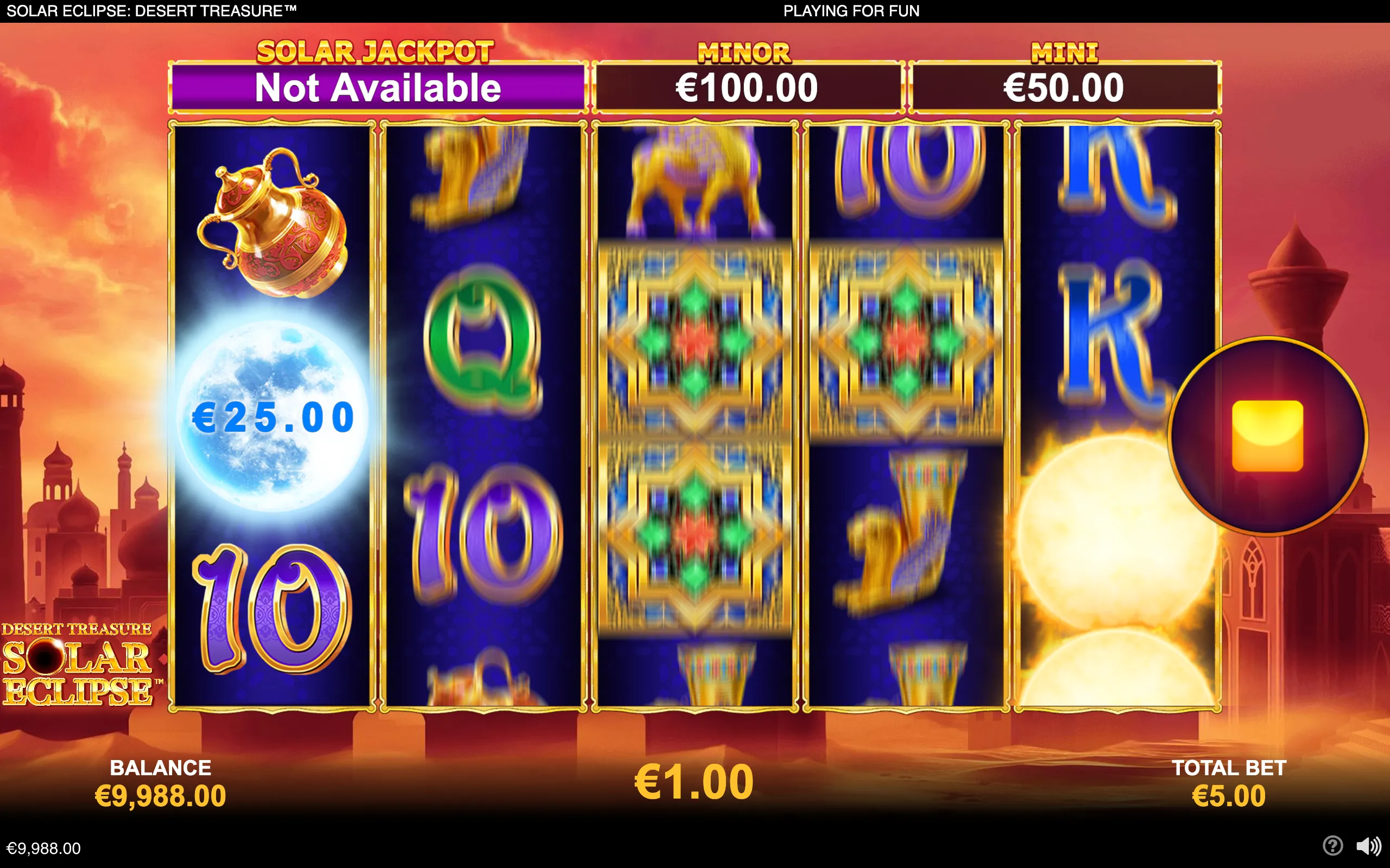 Solar Eclipse: Desert Treasure slot interface with five ornate reels, a golden vessel, moon symbols, palace-themed icons, jackpot meters, and a glowing desert palace backdrop.