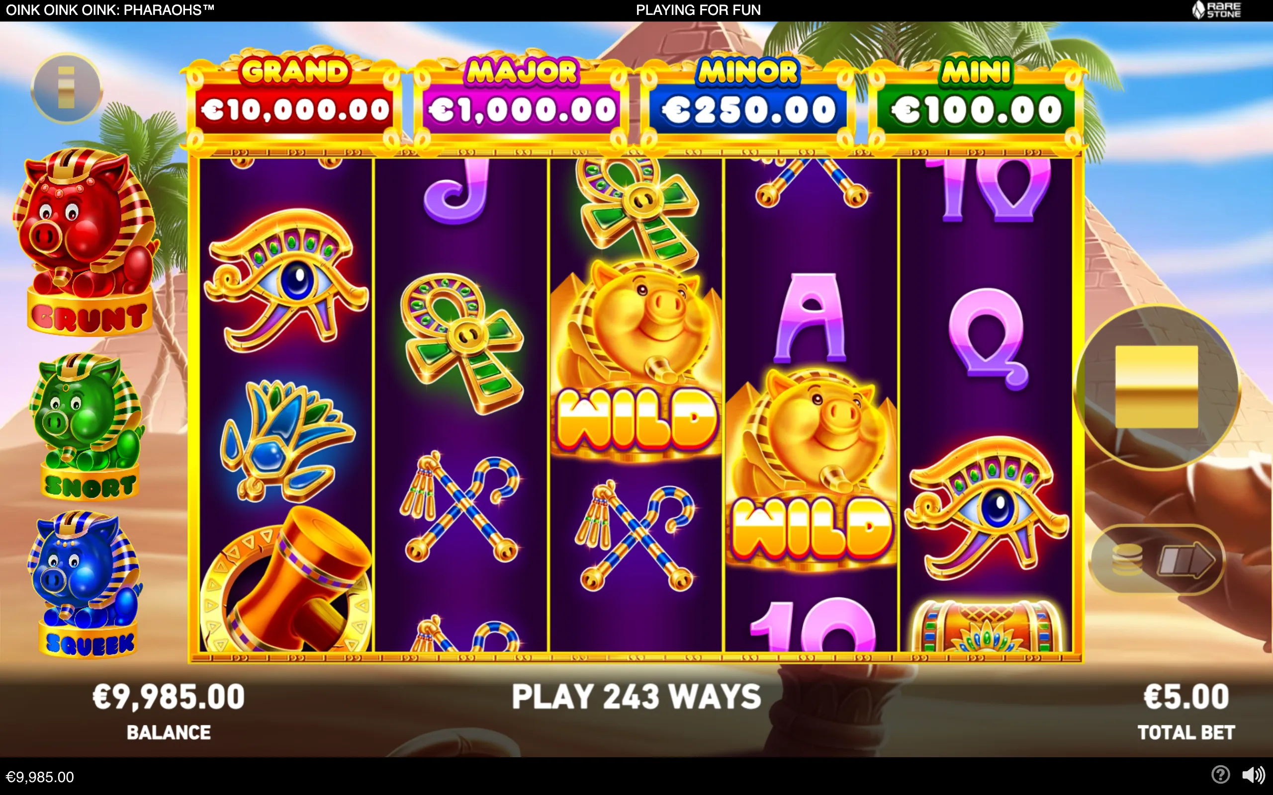 Bright Egyptian-themed slot interface with five purple reels, golden pig WILD symbols, Eye of Horus icons, scarabs, ankhs, and jackpot displays over a pyramid-and-palm backdrop.