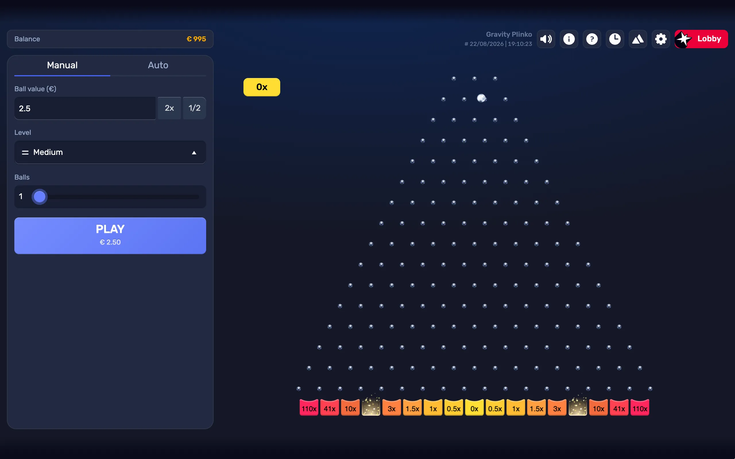 Gravity Plinko game interface with a metallic ball dropping through a large triangular peg board toward colorful multiplier slots ranging from 0x to 110x.