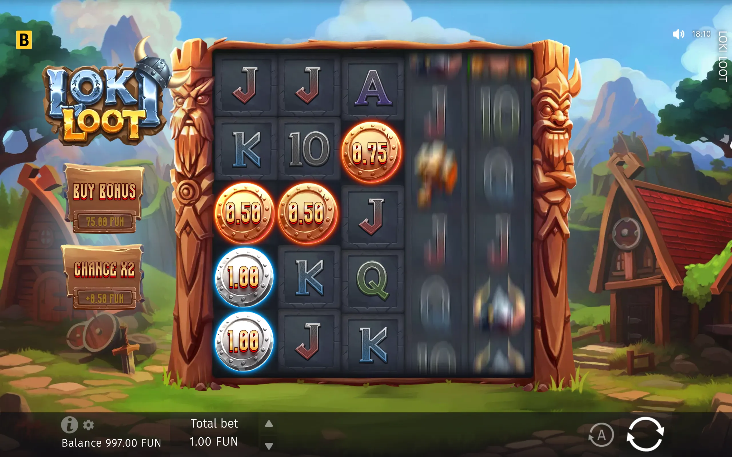 Loki Loot slot game interface with Viking wooden carvings, fantasy mountains, rune-styled symbols, glowing coin values, and a Buy Bonus panel.