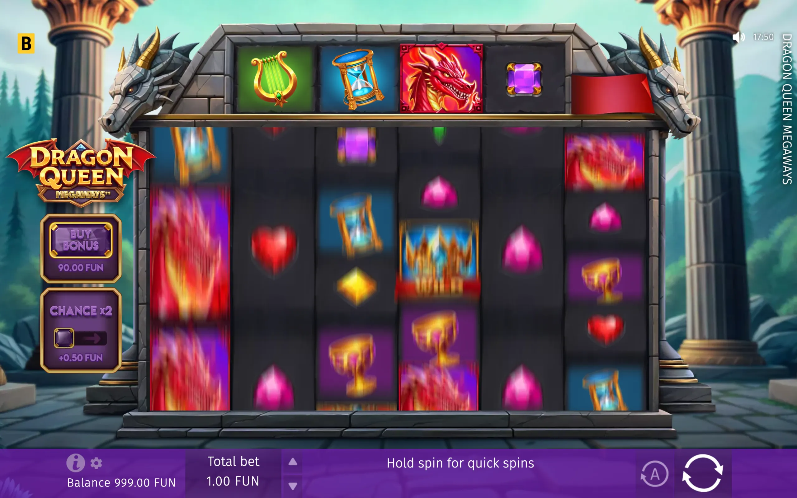 Dragon Queen Megaways slot interface with spinning reels, dragon symbols, colorful gems, goblets, hourglasses, and a temple backdrop guarded by stone dragons.