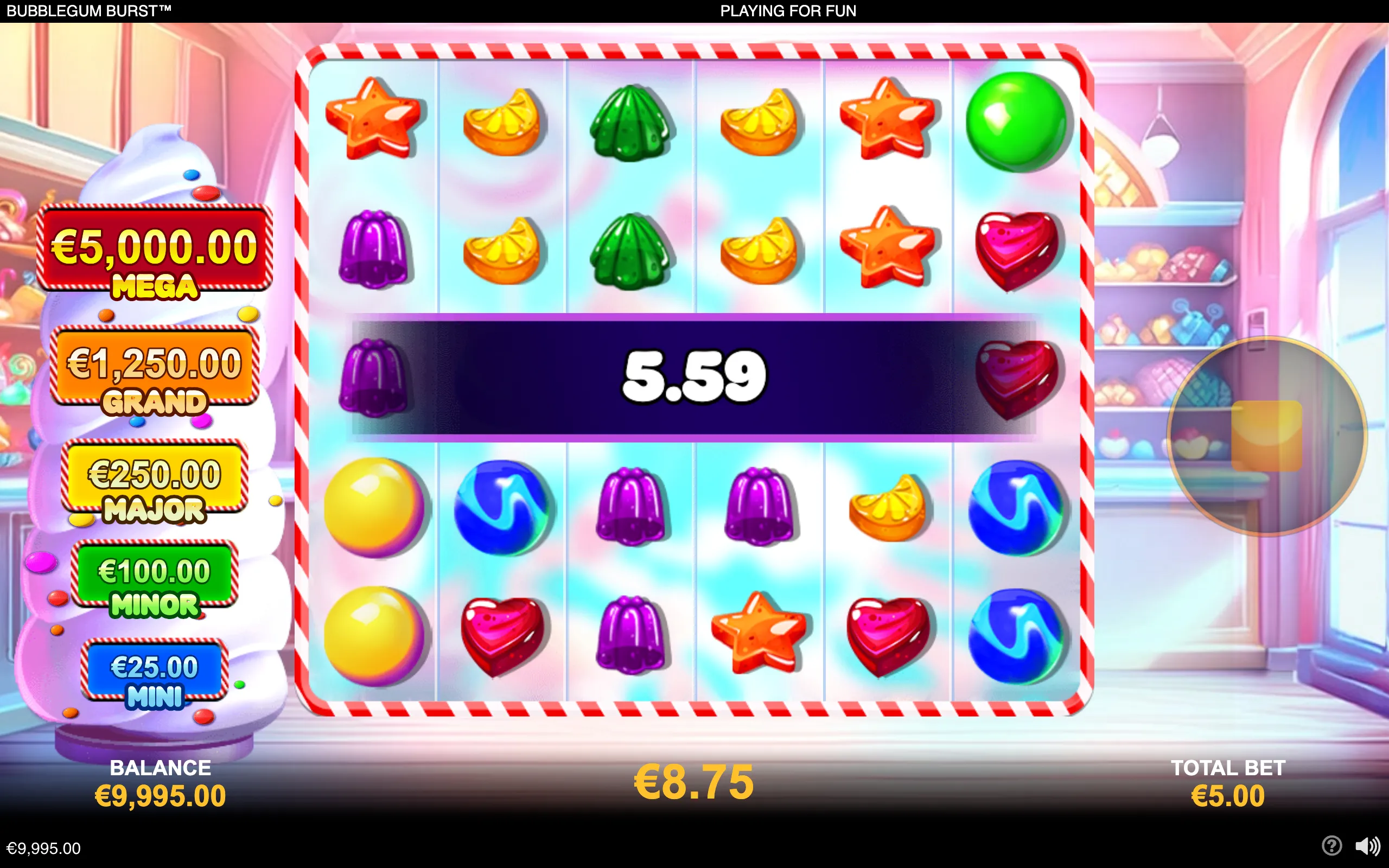 Bubblegum Burst slot interface with glossy candy symbols, a striped reel frame, a candy-shop backdrop, and jackpot amounts ranging from €25 Mini to €5,000 Mega.