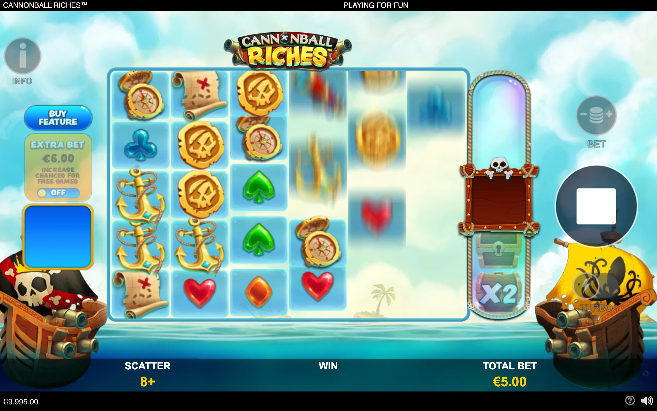 Pirate-themed slot interface with treasure-map, compass, anchor, skull coin, and card-suit symbols across blue reels, framed by ships, cannons, ocean, and a tropical sky.