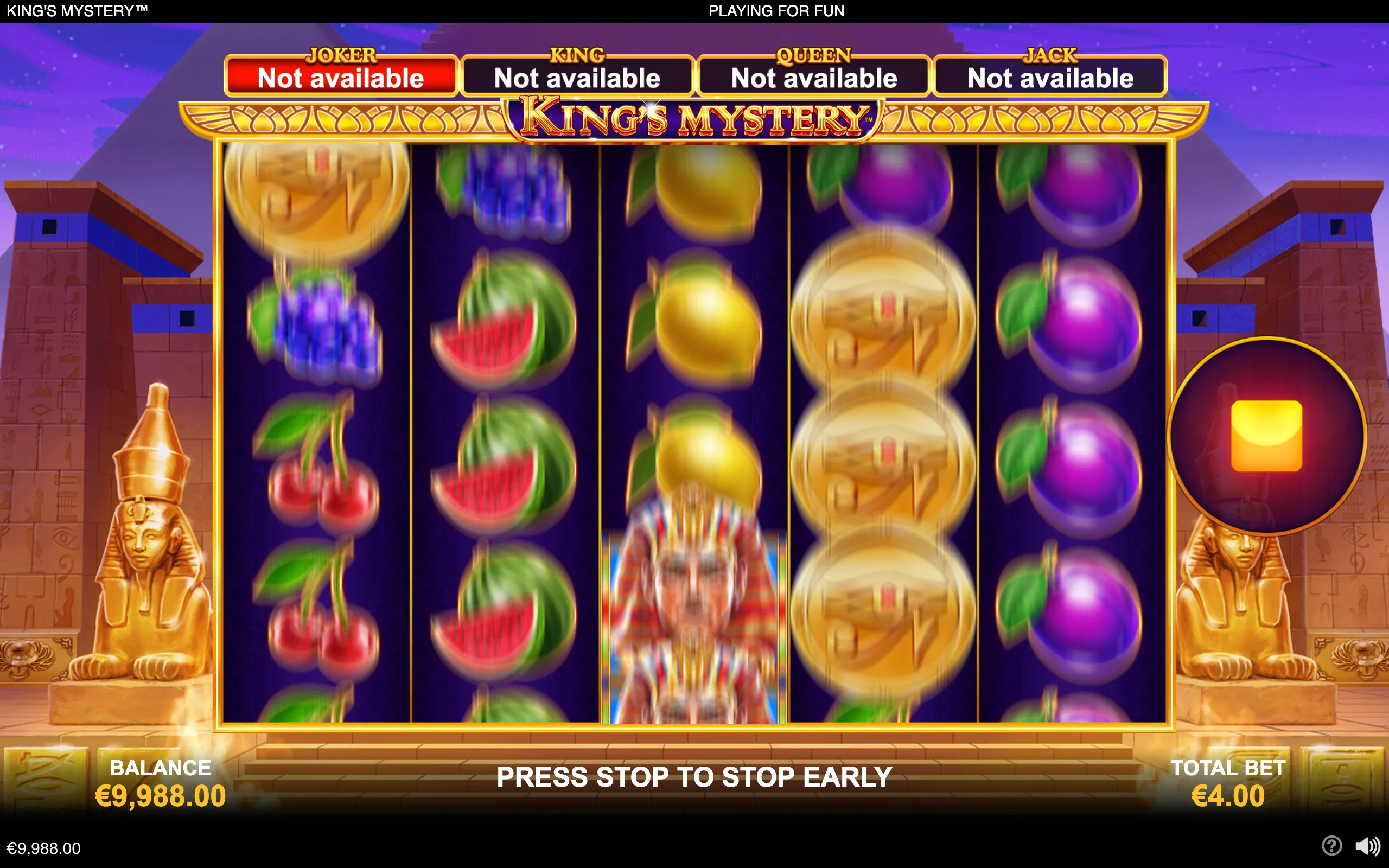 King's Mystery slot reels spin with colorful fruit symbols and Egyptian-themed icons, framed by golden sphinx statues and temple imagery.