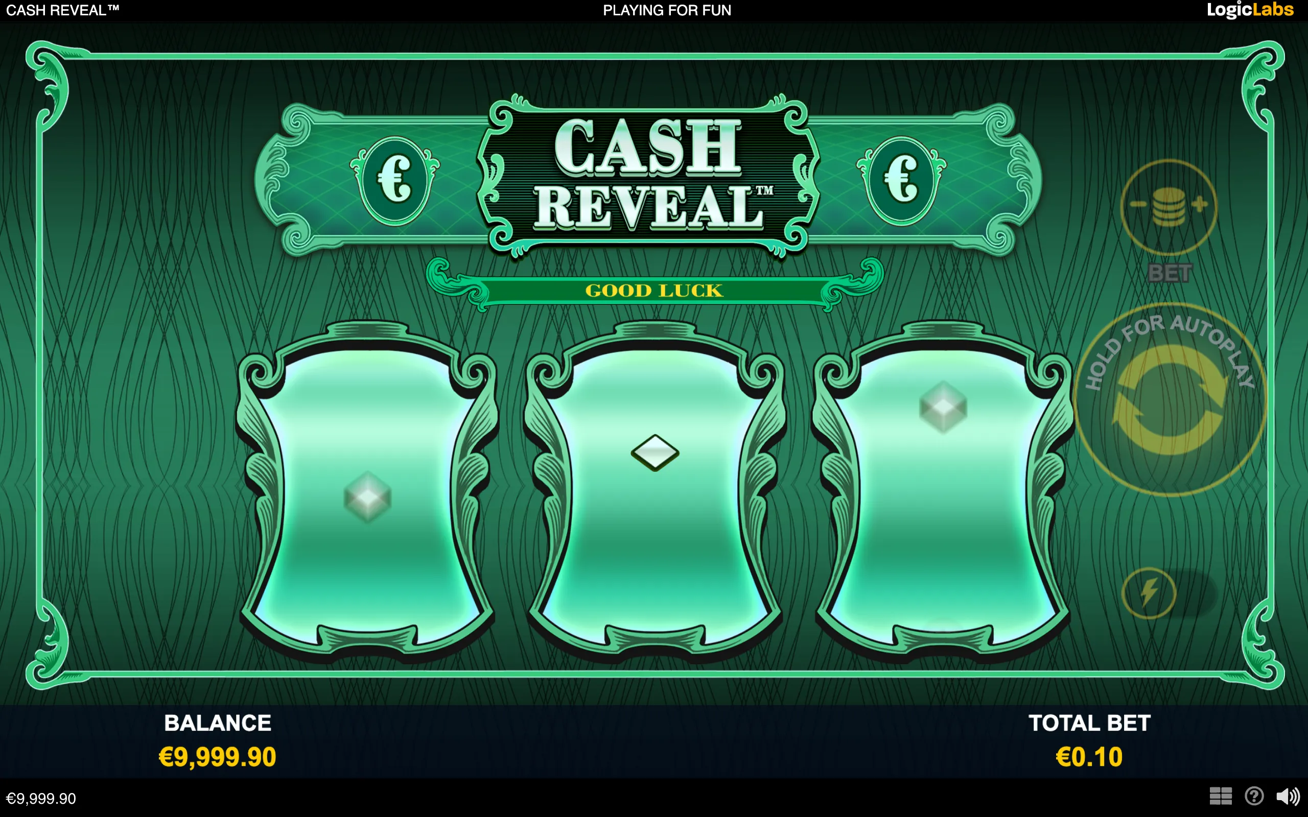 Cash Reveal slot interface with three ornate glowing green containers, euro symbols, and a decorative teal backdrop.