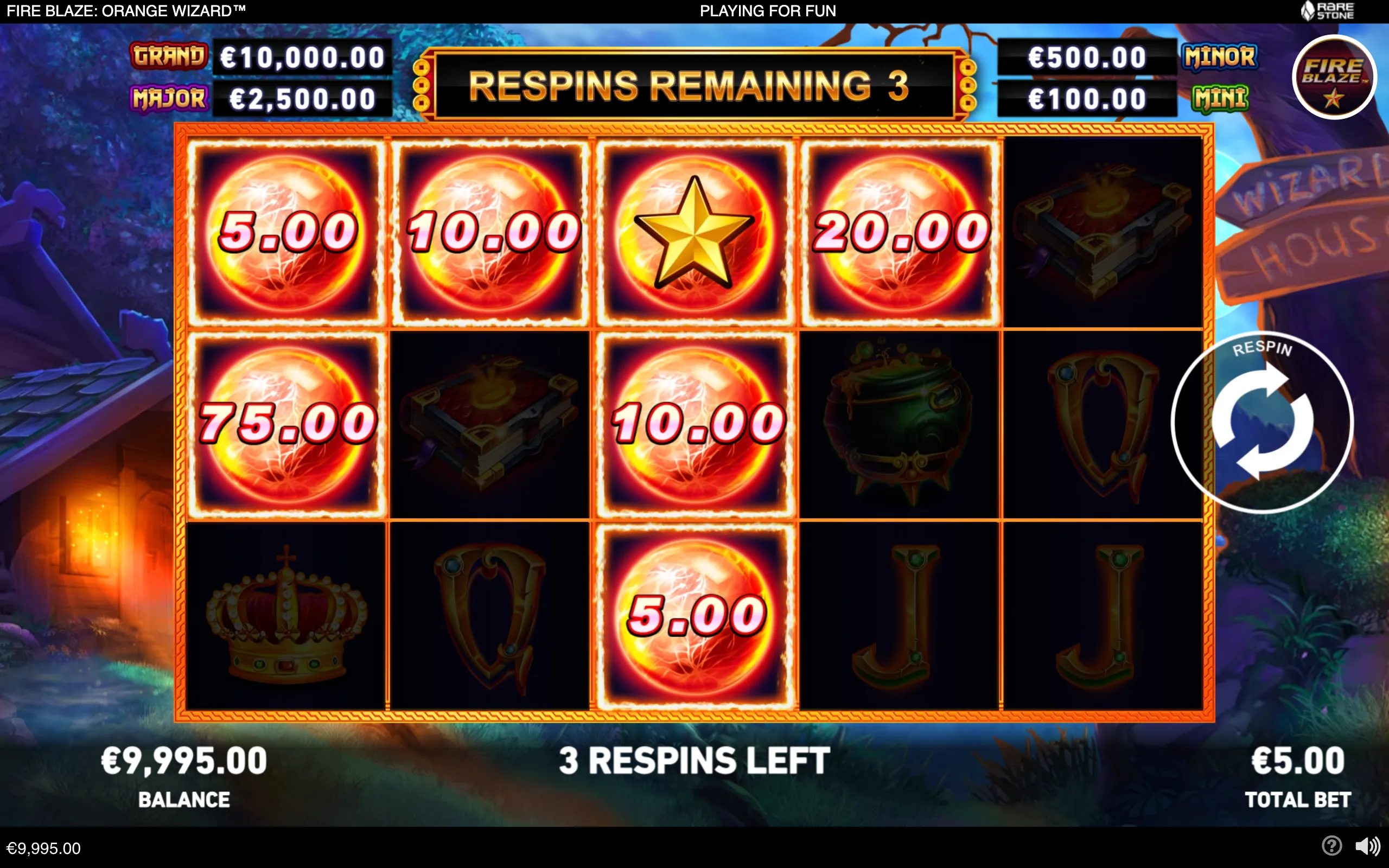 Fire Blaze: Orange Wizard bonus round with glowing fireball cash symbols, a three-row reel grid, jackpot values, and three respins remaining against a mystical wizard landscape.