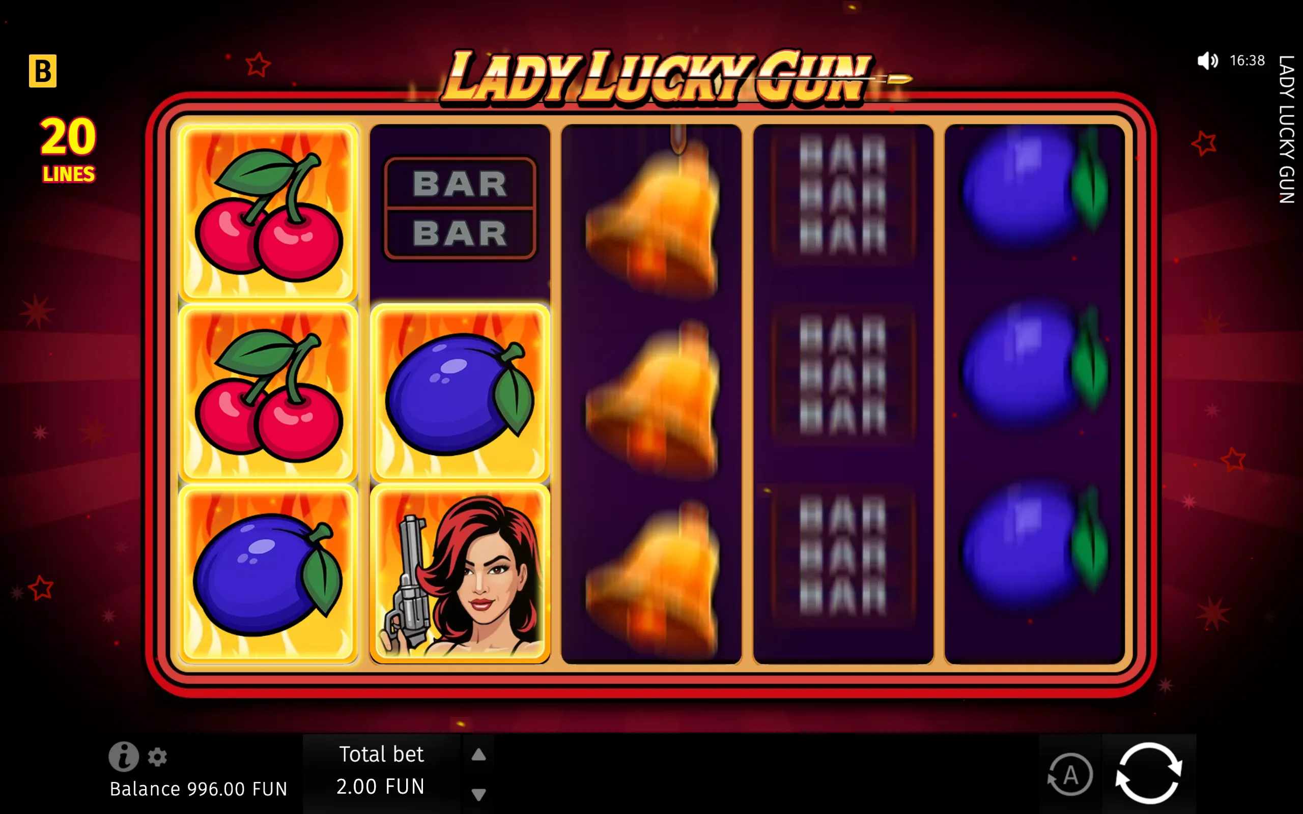Lady Lucky Gun slot interface with a red casino backdrop, five reels, cherries, blue plums, BAR symbols, a female gunslinger, and a 20-lines label.