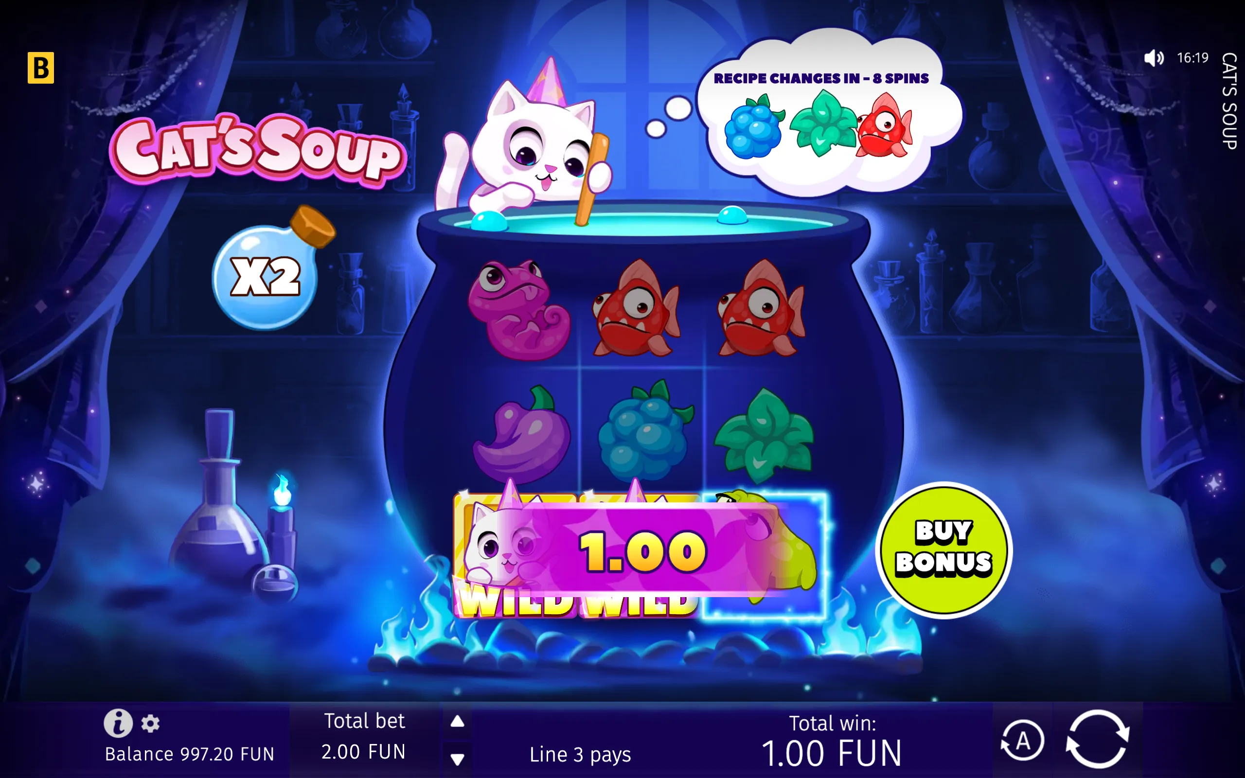 Cartoon white cat stirring a glowing magical soup beside a colorful slot grid of fish and fruit symbols, with Wild Wild, x2, recipe-change, and Buy Bonus callouts.