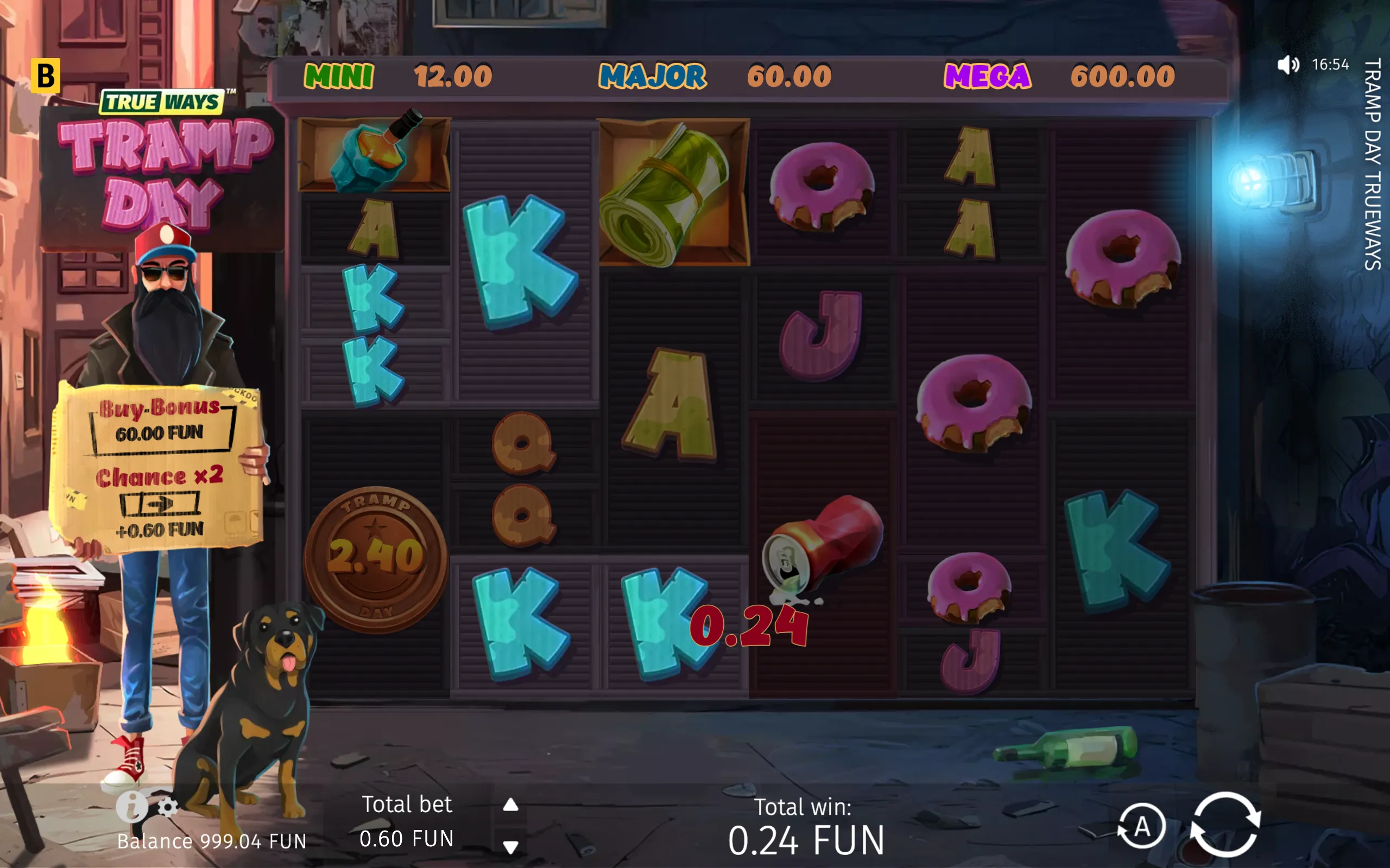 Tramp Day Trueways slot game with a bearded street character and dog beside reels filled with donuts, letters, cans, and street-themed symbols.