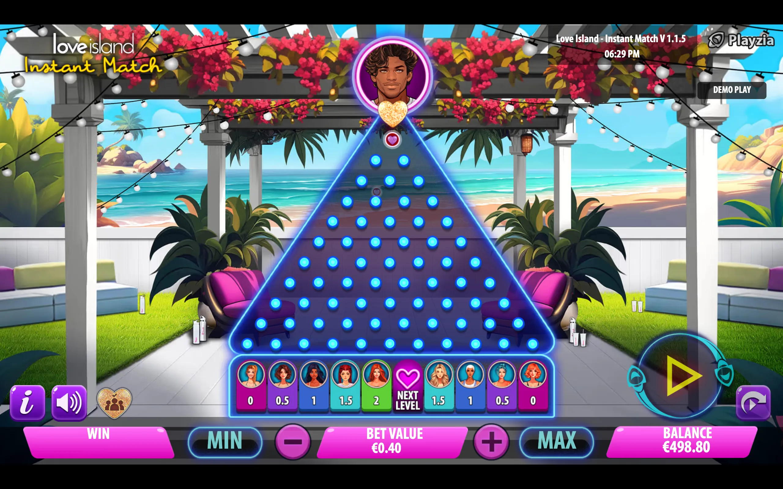 Love Island - Instant Match slot interface in a tropical villa, featuring a glowing blue heart-shaped selection board, a male character portrait, contestant icons, and bright neon controls.